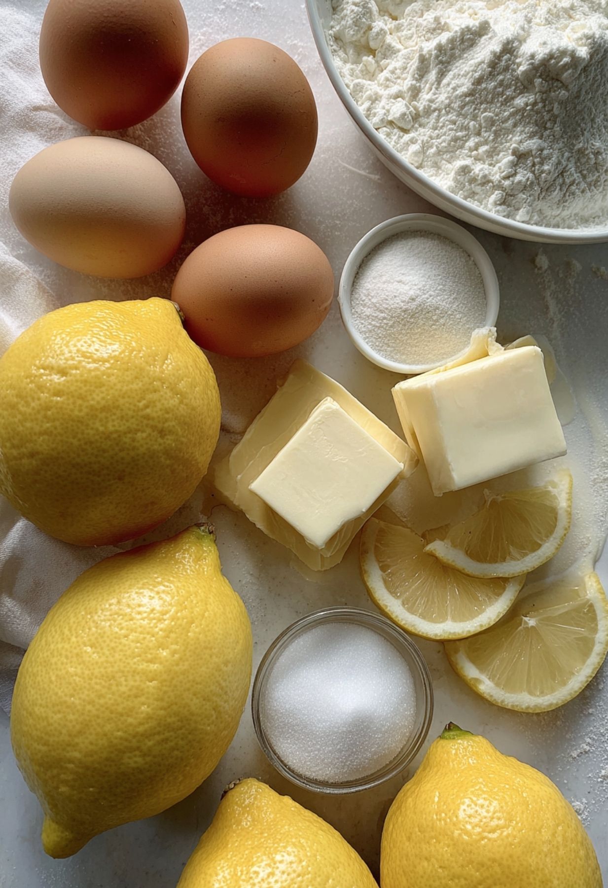 Ingrédients pour crème au citron : citrons frais, œufs, beurre, sucre et farine.