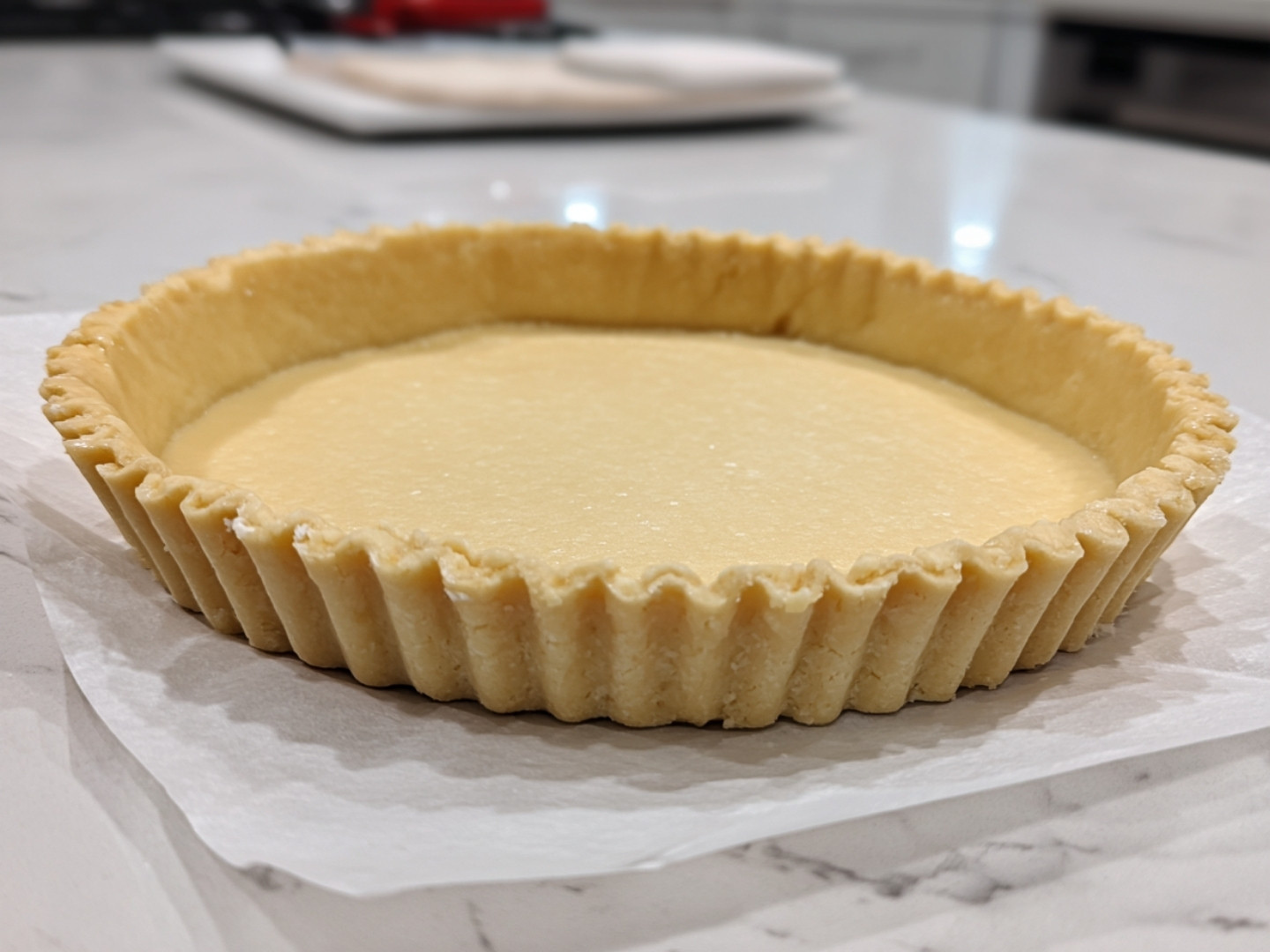 Fond de pâte sucrée foncé dans un moule avant la cuisson du flan pâtissier.