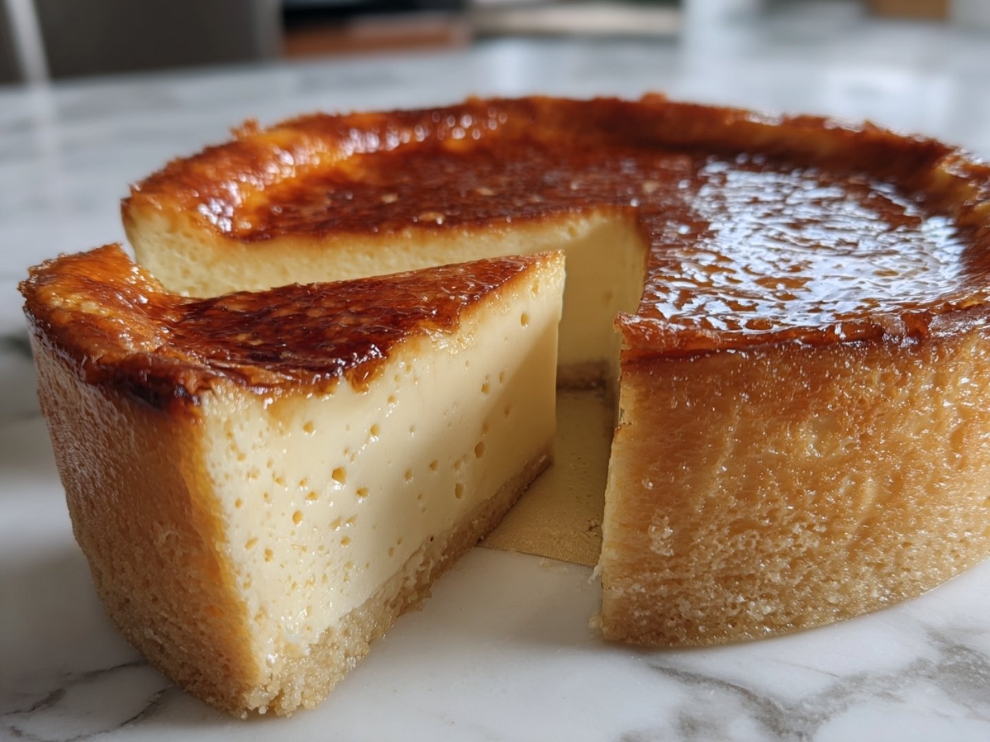 Flan pâtissier Cyril Lignac entier bien doré avec une part découpée révélant une mie onctueuse.