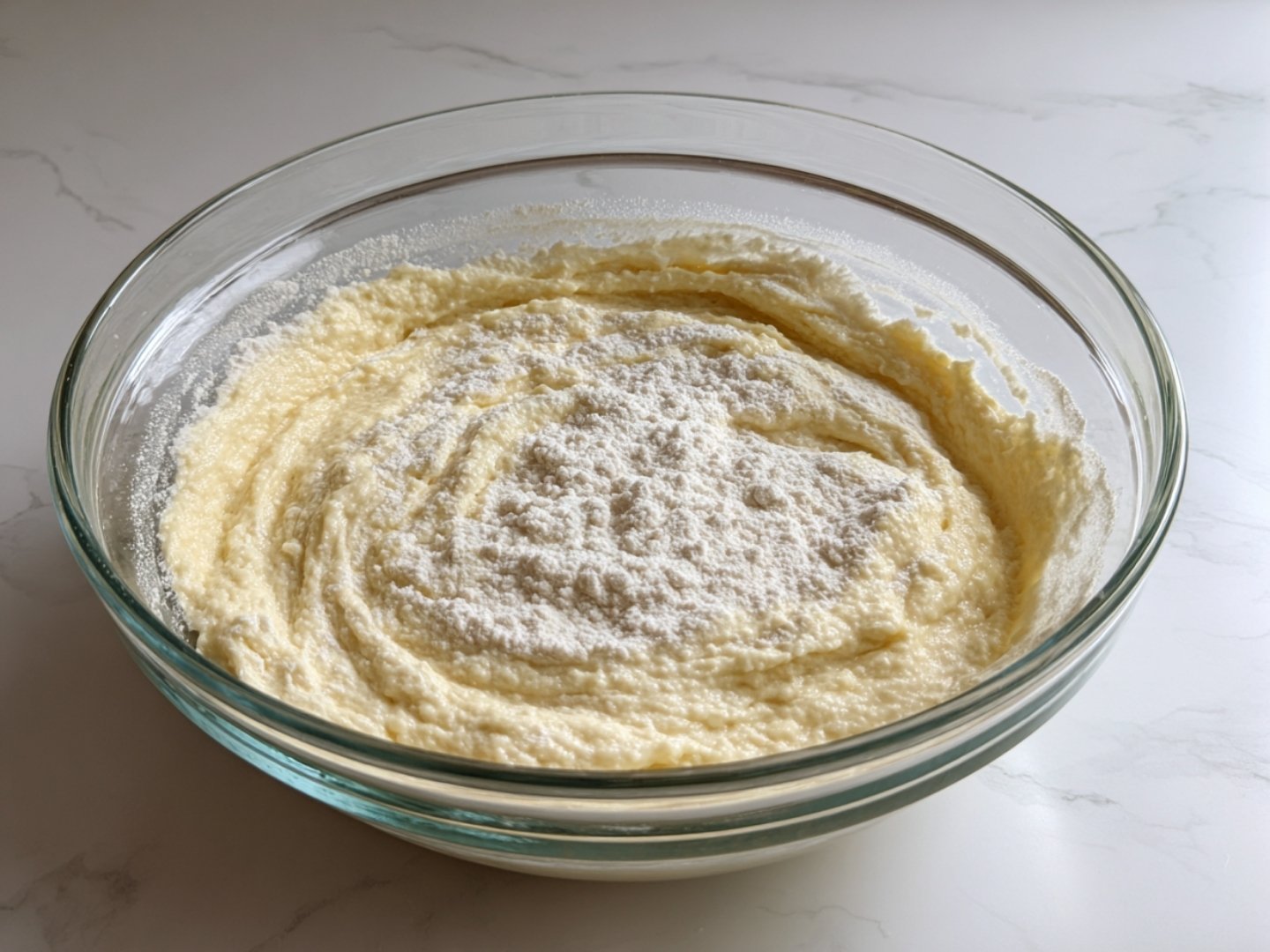 Ajout de la farine tamisée et de la levure chimique à la pâte.