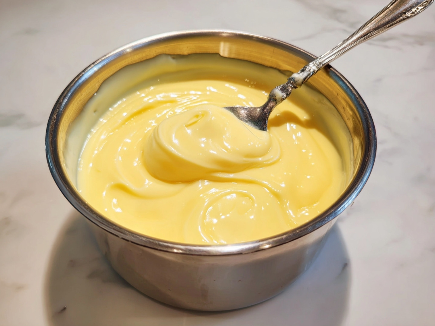 Appareil à flan onctueux et brillant mélangé dans un bol en inox.