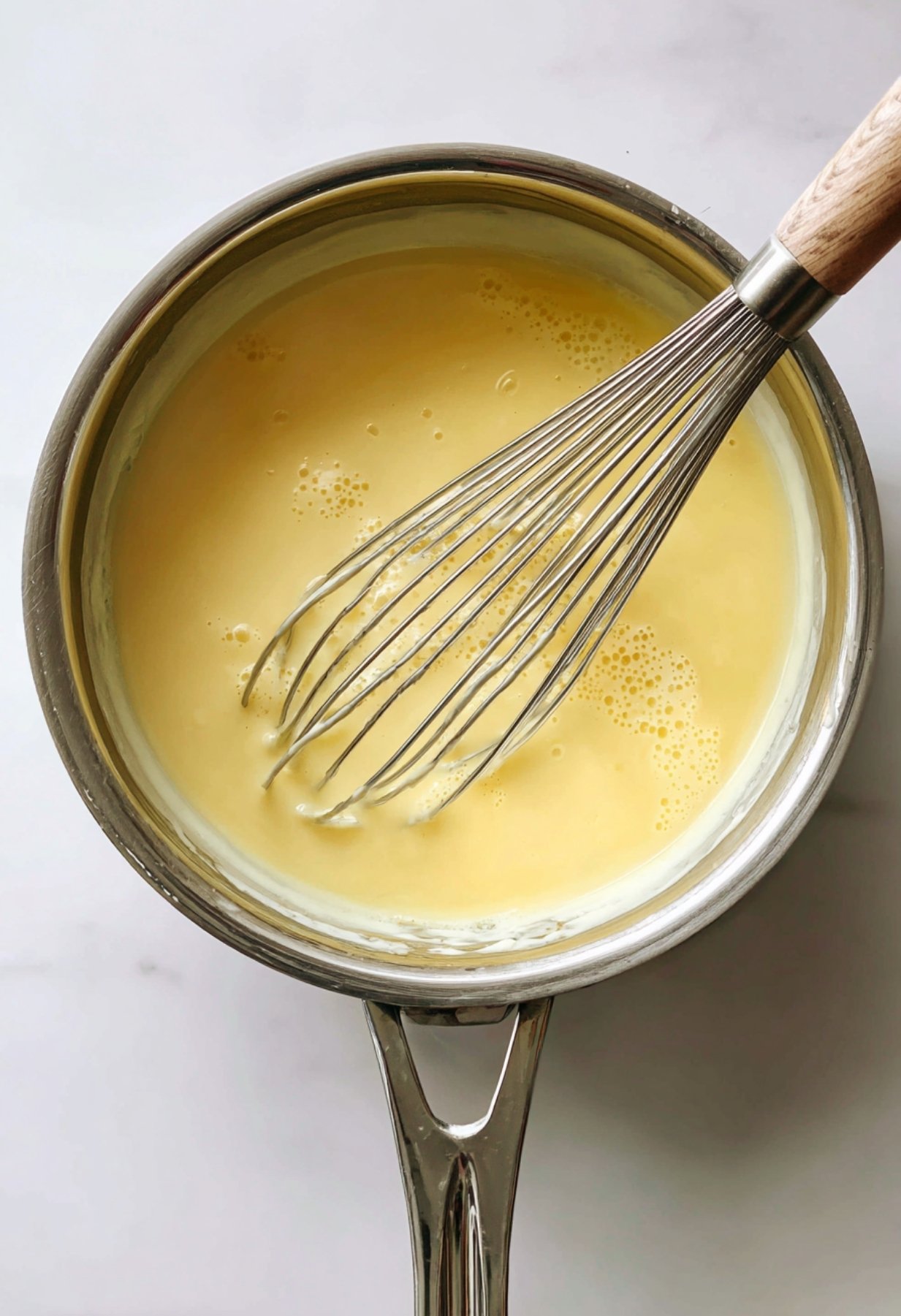 Mélange des œufs et du citron au fouet dans une casserole en inox.