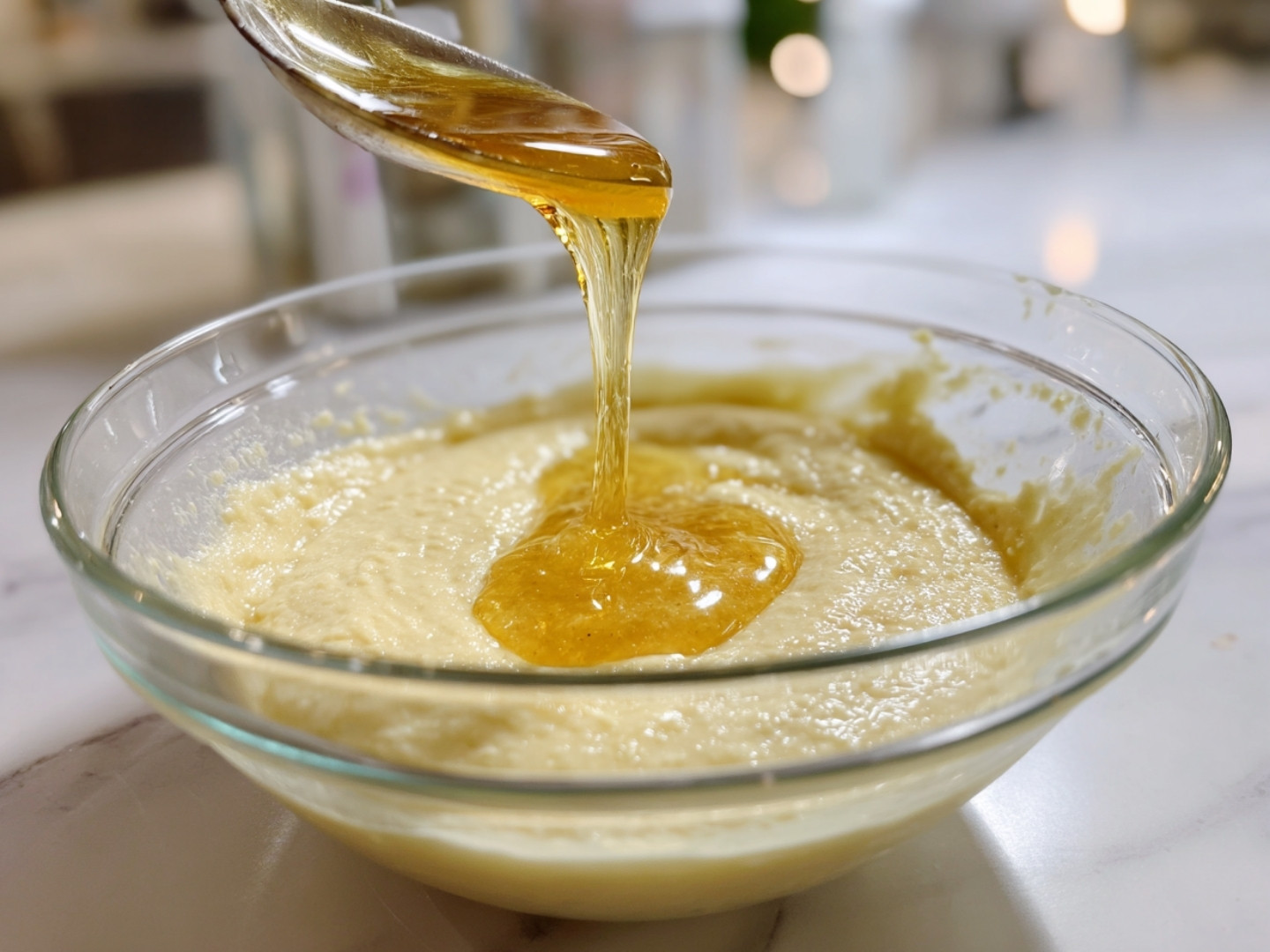 Incorporation du beurre fondu et de la purée de bananes.