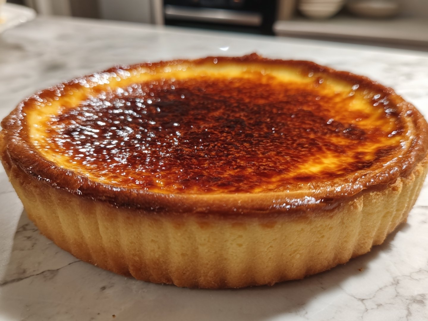 Flan pâtissier doré et caramélisé tout juste sorti du four.