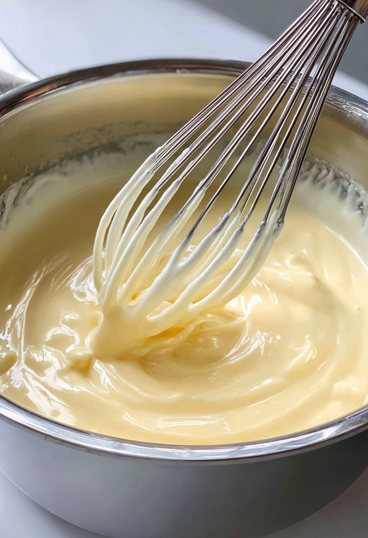 Épaississement de la crème au citron à feu doux avec un fouet métallique.