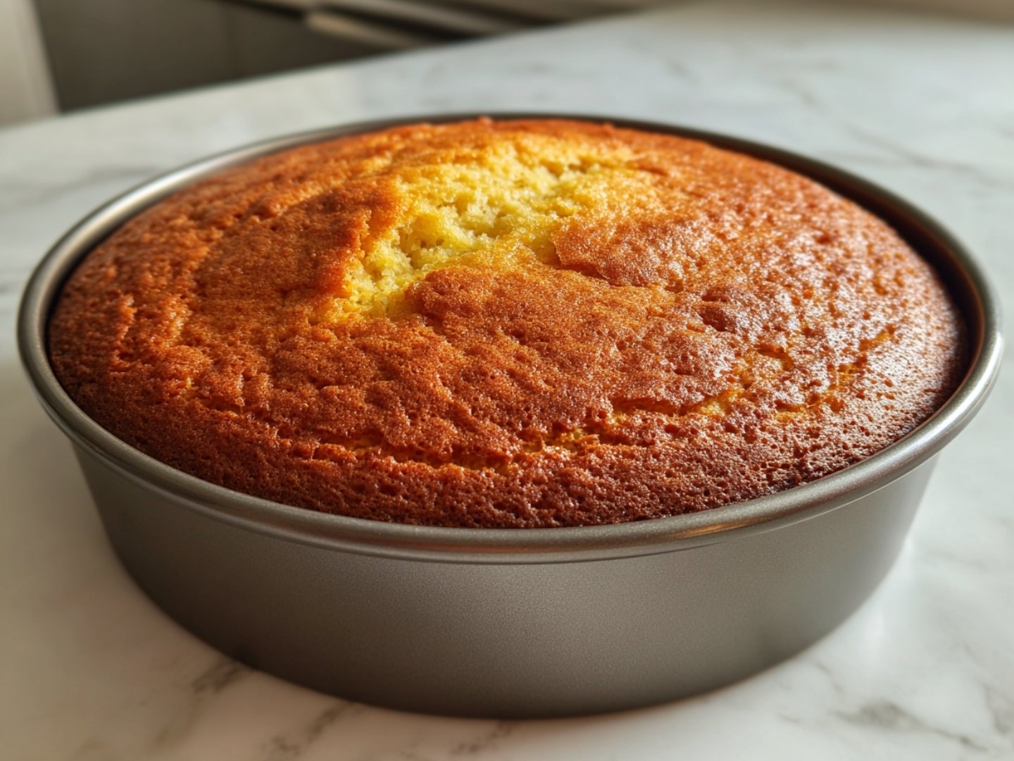 Gâteau à la banane simple bien doré à la sortie du four.