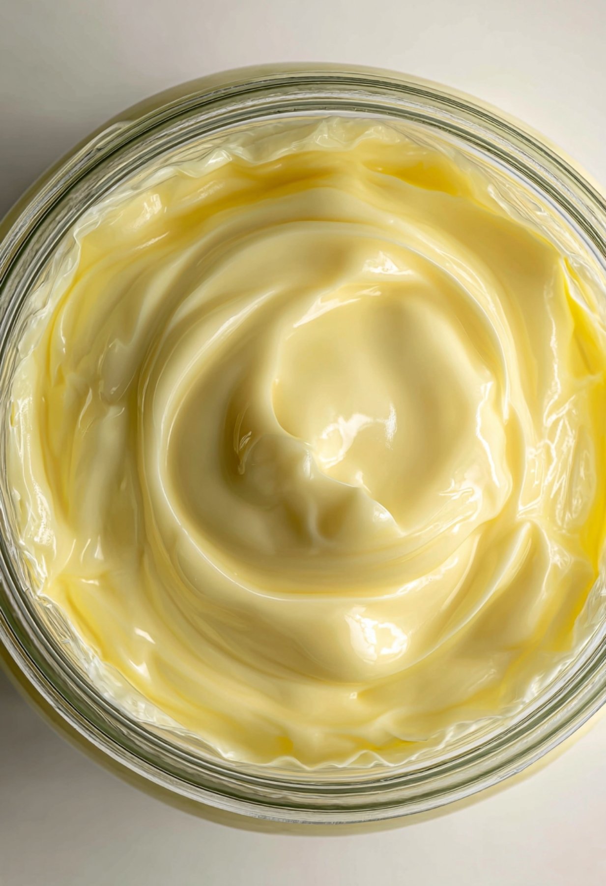 Texture finale lisse et brillante du lemon curd maison dans un pot en verre.