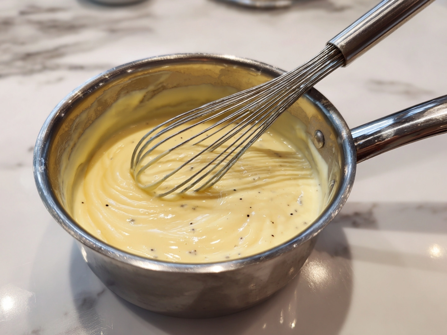 Préparation de l'appareil à flan pâtissier Cyril Lignac dans une casserole avec un fouet pour une texture crémeuse.