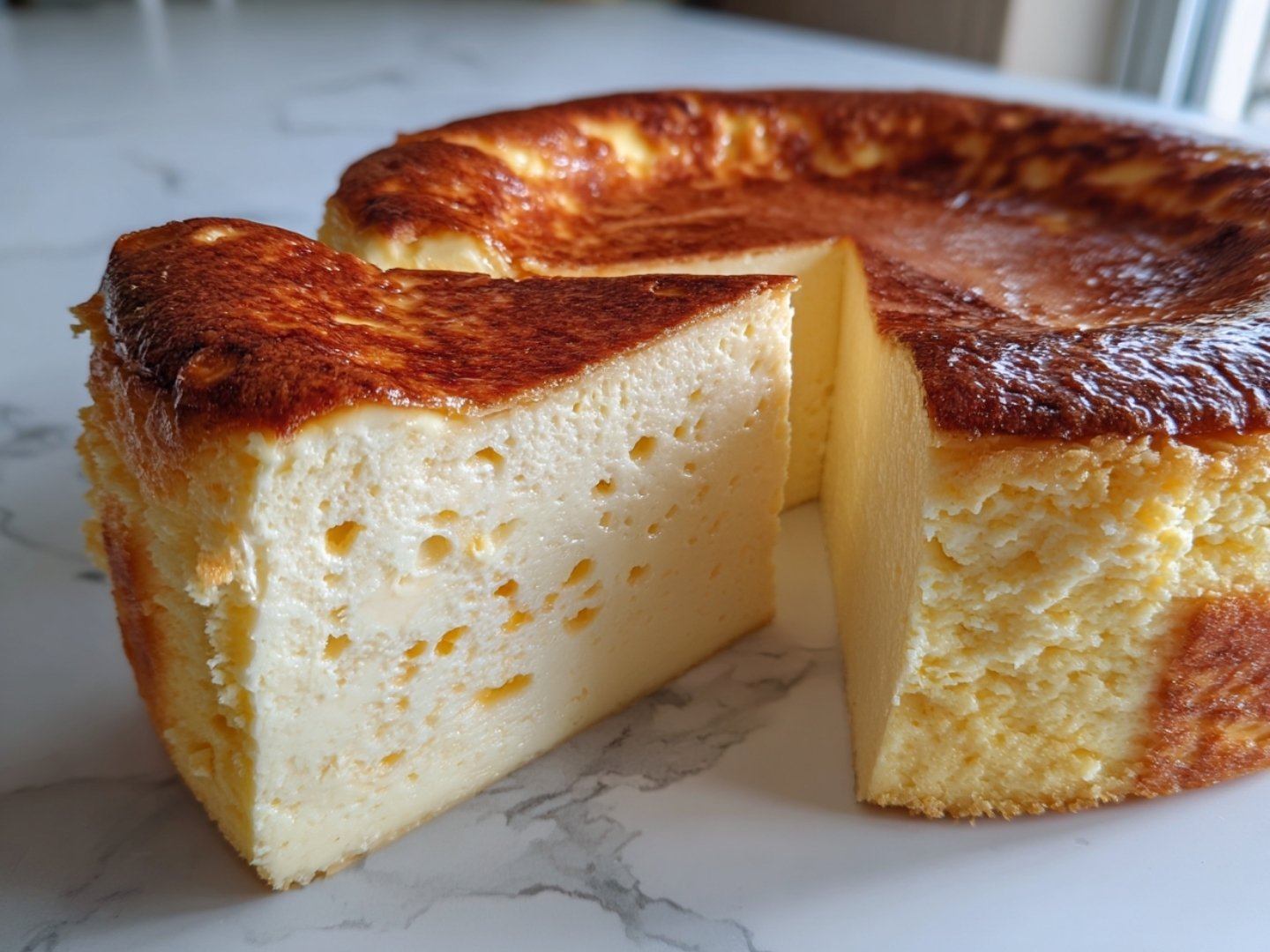 Tranche de flan sans pâte montrant une mie crémeuse et onctueuse, façon boulangerie parisienne.