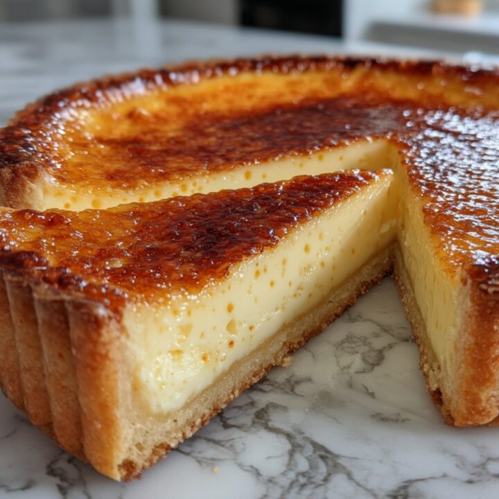 Gros plan sur la découpe d'un flan pâtissier à la vanille comme en boulangerie.