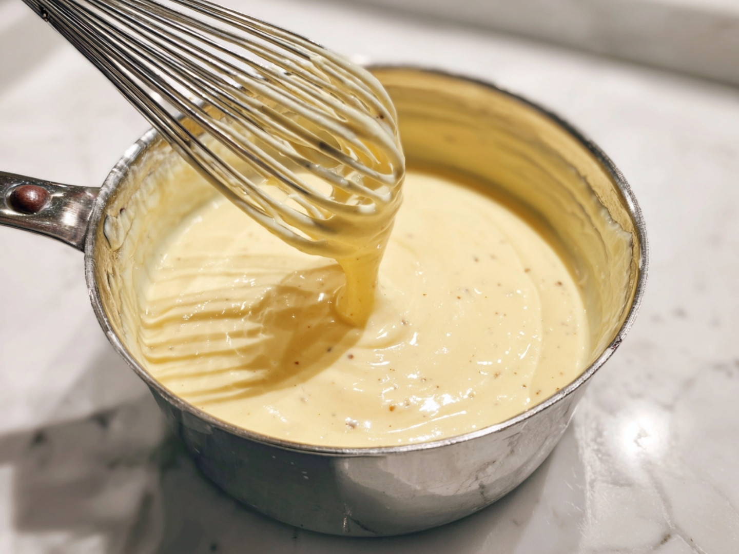 Préparation de l'appareil à flan avec œufs et fécule de maïs dans un saladier.