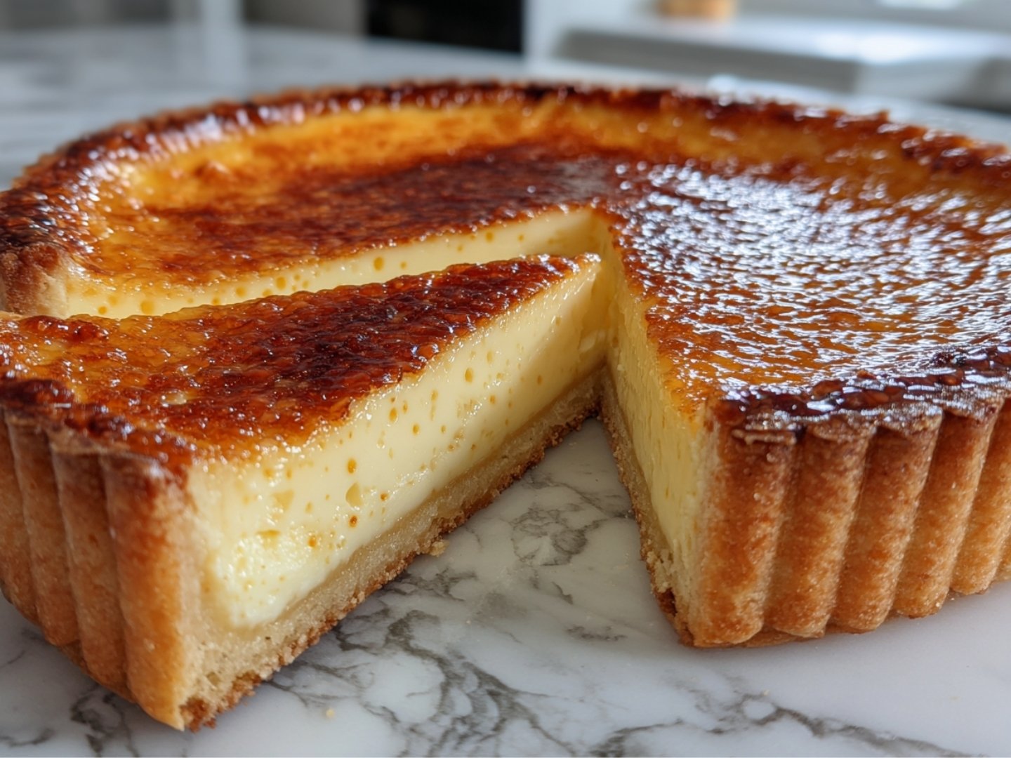 Flan pâtissier crémeux avec une part coupée révélant une texture fondante.