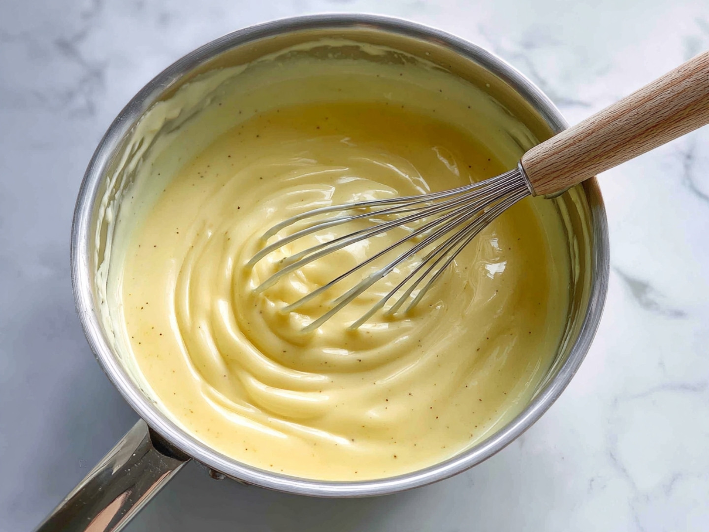 Gousse de vanille infusant dans du lait chaud pour un flan pâtissier riche en arômes.