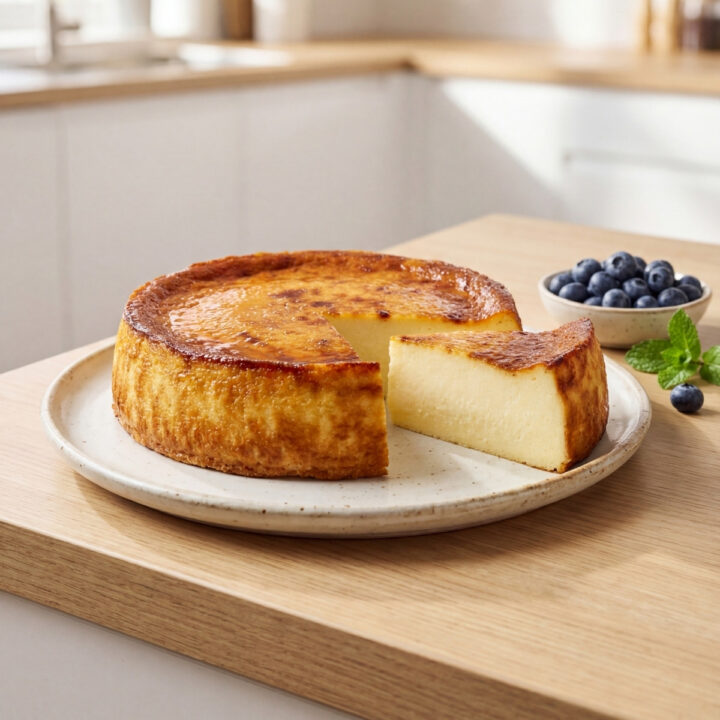 Part de flan protéiné au skyr servie avec des myrtilles fraîches sur une table en bois.