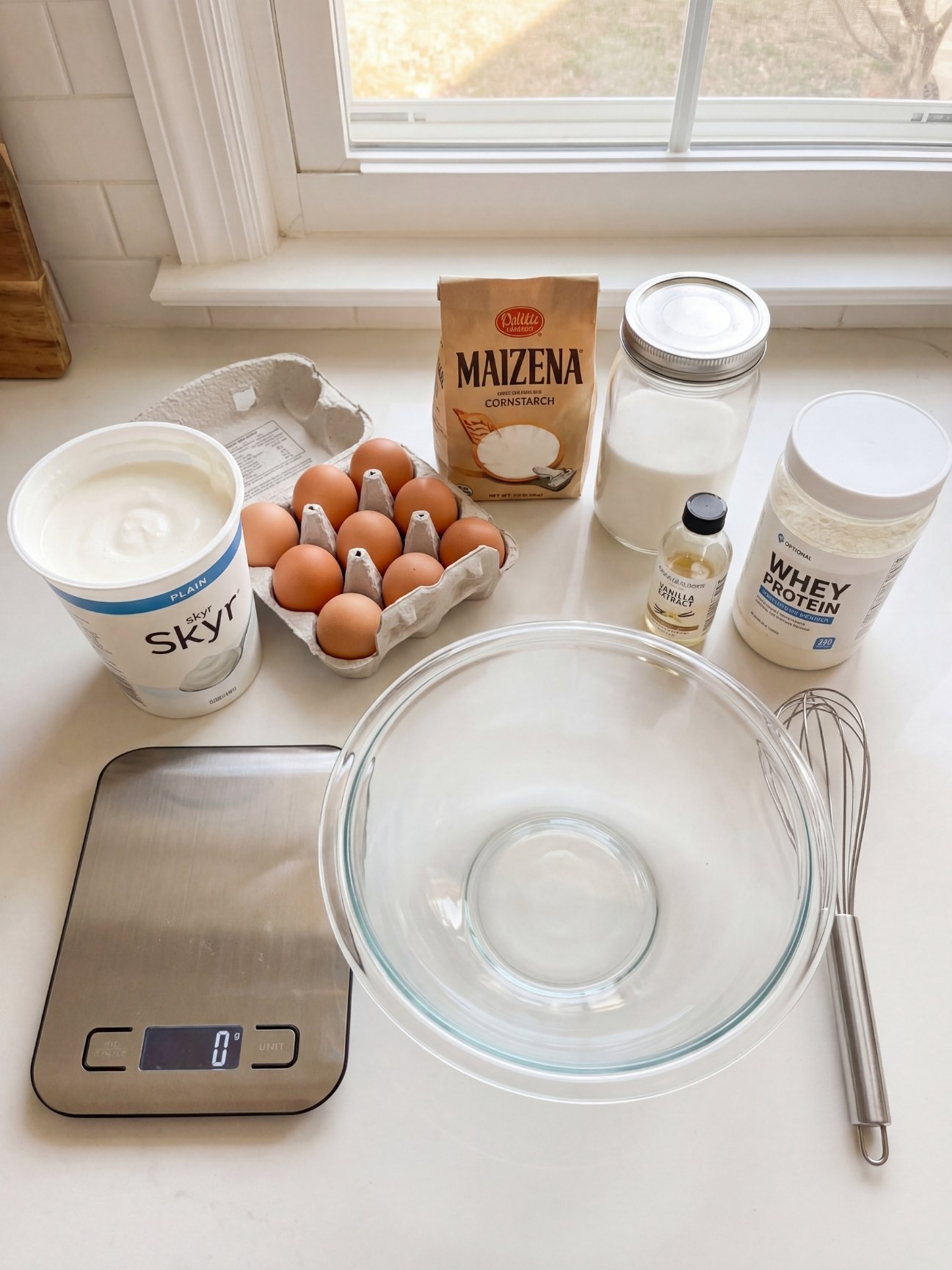 Ingrédients du flan protéiné : skyr, œufs, maïzena, vanille et whey sur un plan de travail.