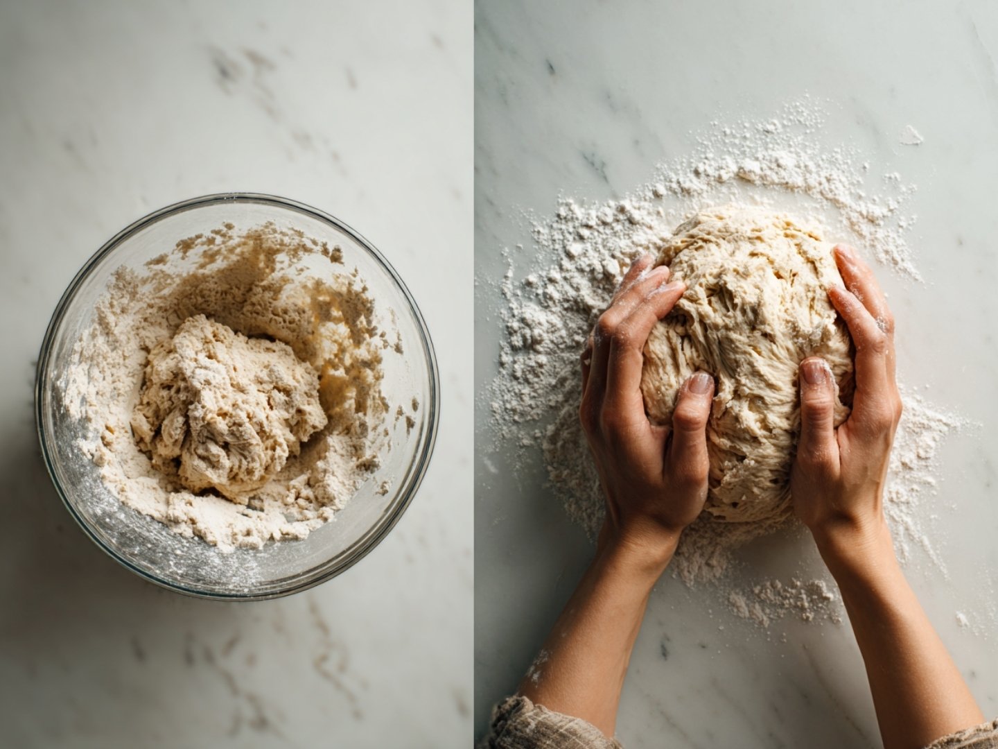 Préparation de la pâte levée feuilletée maison dans un bol en verre et pétrissage à la main sur un plan de travail fariné.
