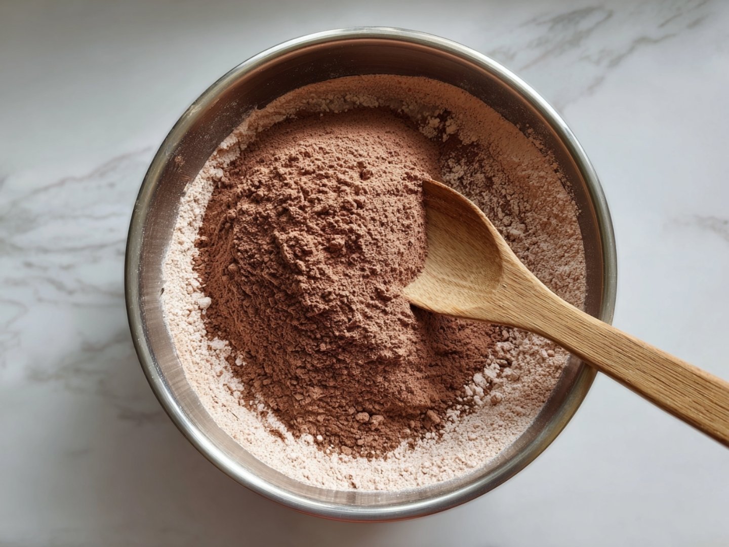 Mélange des ingrédients secs : farine et chocolat en poudre dans un bol en inox avec une cuillère en bois.
