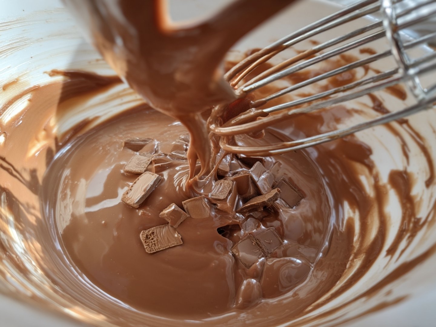 Mélange de chocolat au lait fondu et morceaux de chocolat dans un bol avec un fouet.