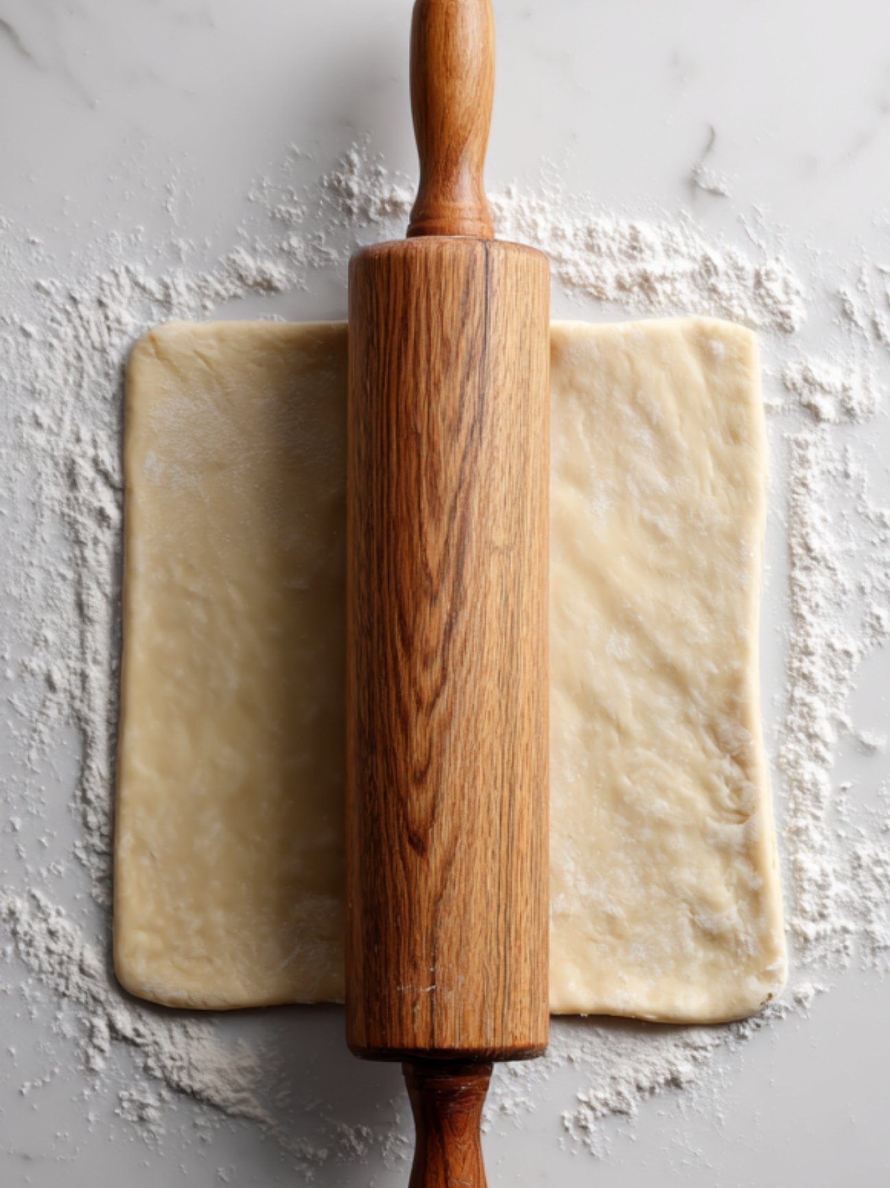 Étaler la pâte à viennoiserie au rouleau à pâtisserie en bois sur un plan de travail en marbre blanc pour faire des pains aux raisins.