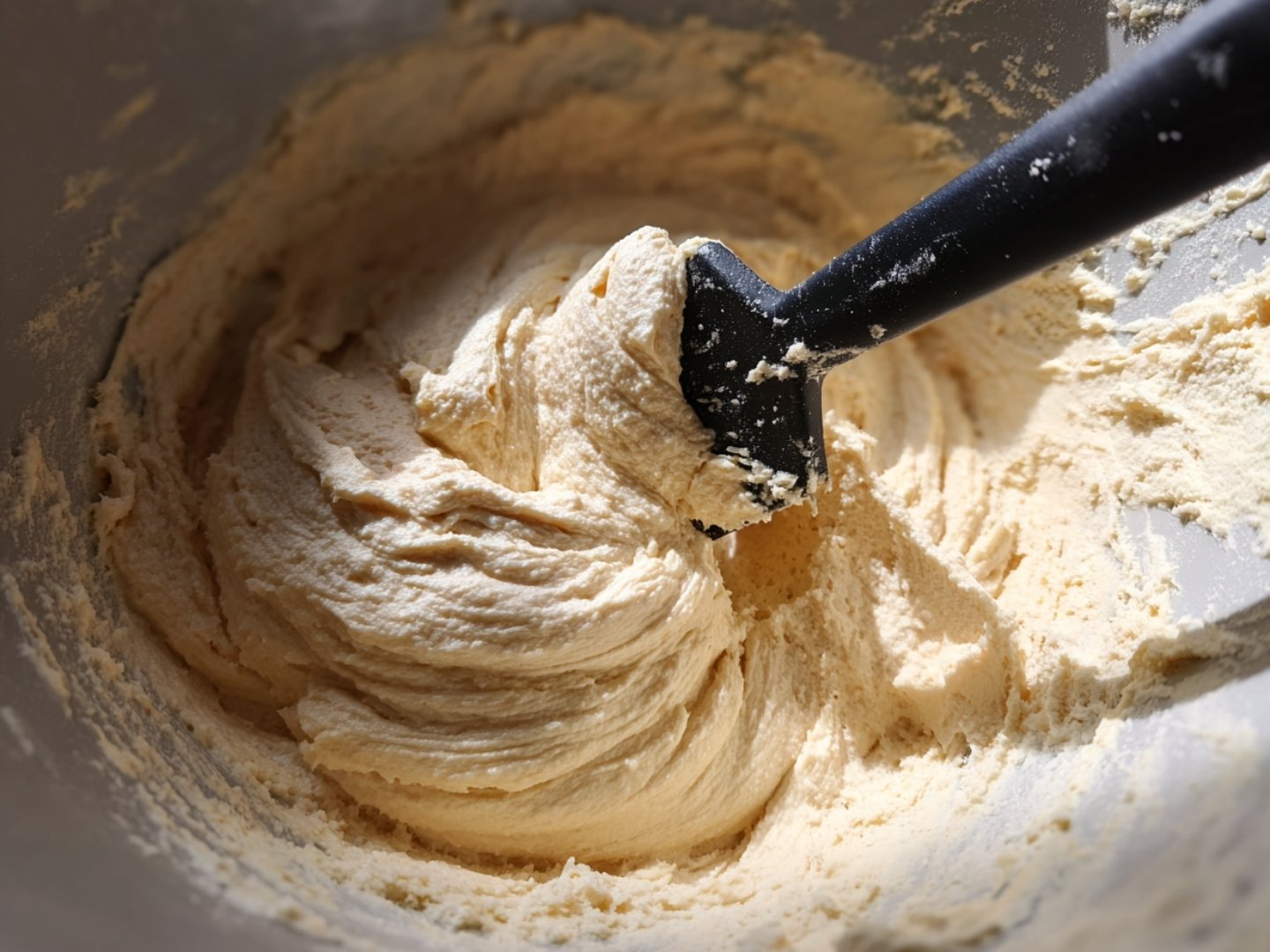 Texture de la pâte à gâteau au skyr lisse et aérée dans un saladier