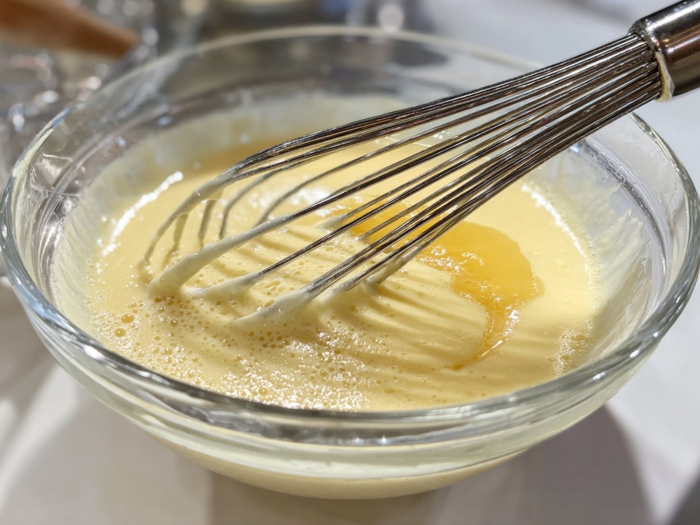 Préparation de la pâte : œufs et sucre fouettés dans un saladier en verre.
