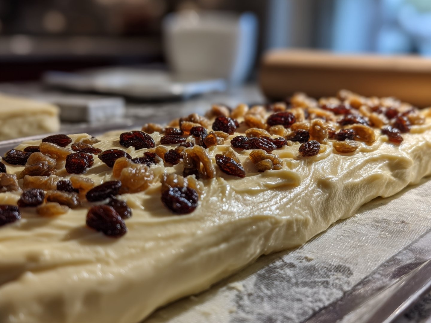 Garniture d'une pâte feuilletée avec une couche généreuse de crème pâtissière onctueuse et des raisins secs moelleux.