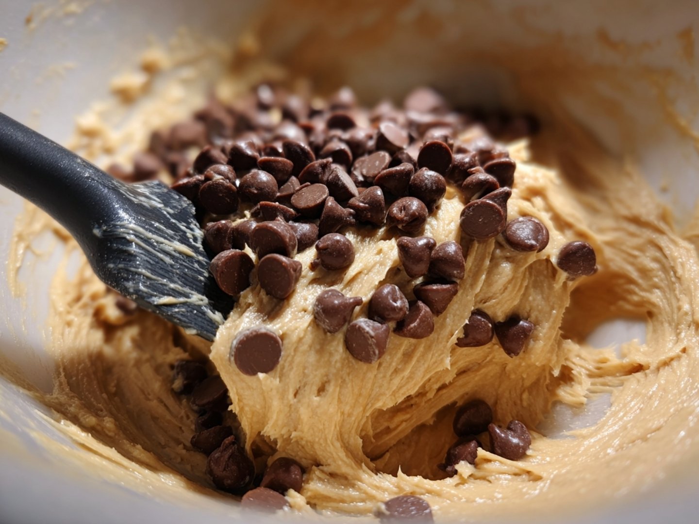Ajout de pépites de chocolat noir dans la préparation du gâteau au skyr