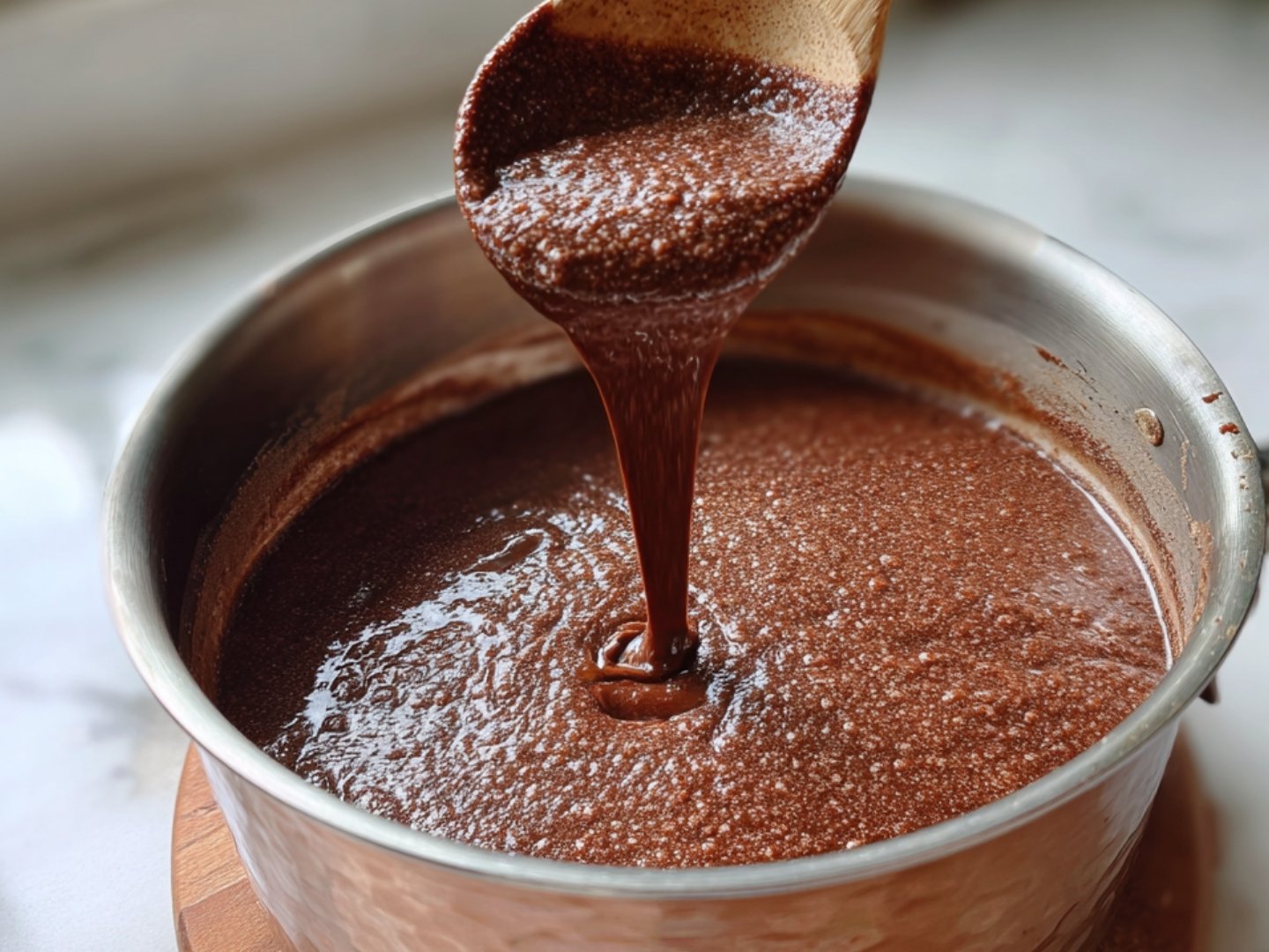 Ajout du lait à la préparation pour lisser la pâte du gâteau sans œuf facile et rapide.