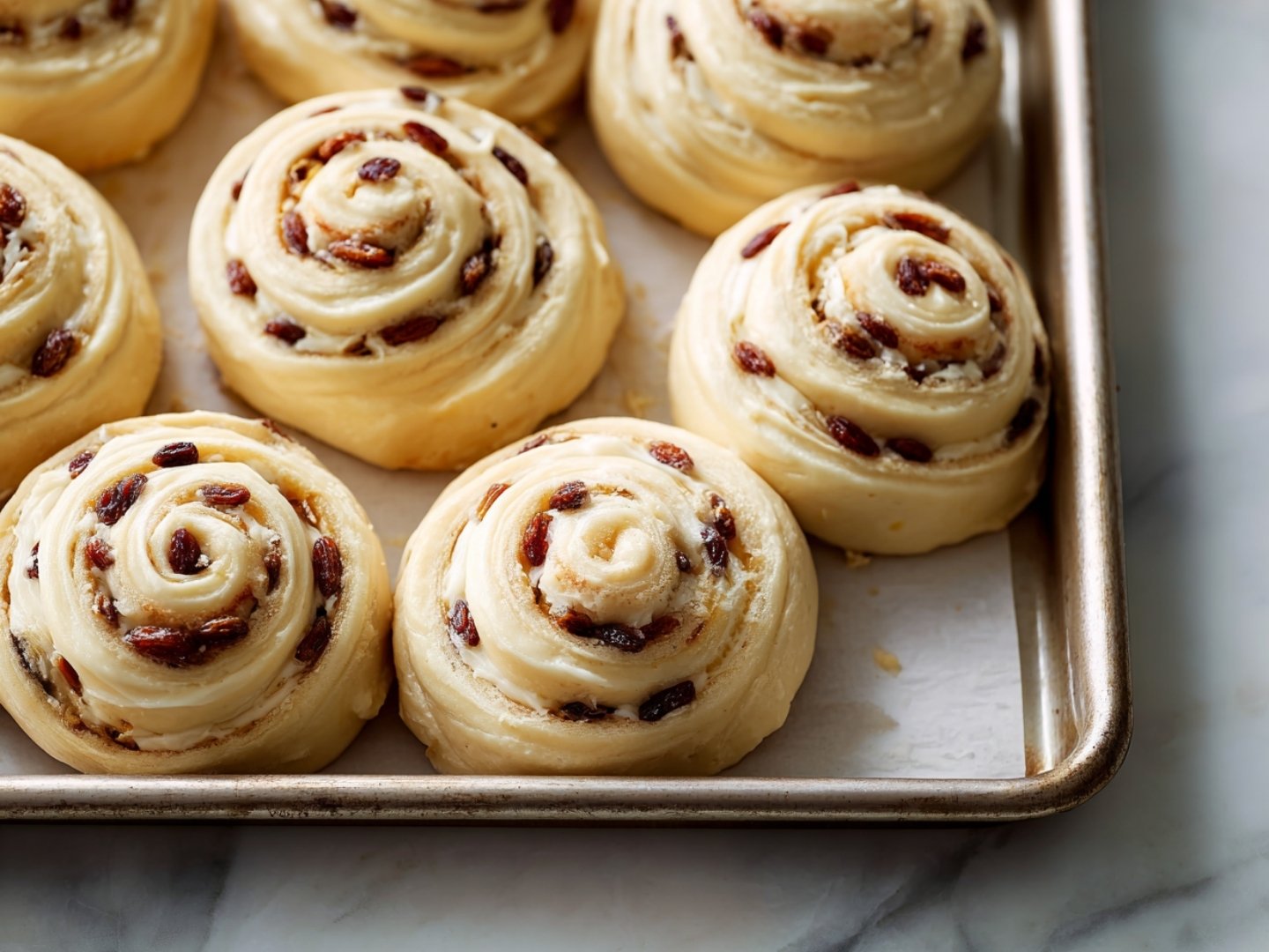 Façonnage des pains aux raisins en escargots disposés sur une plaque de cuisson avec du papier sulfurisé avant la pousse.
