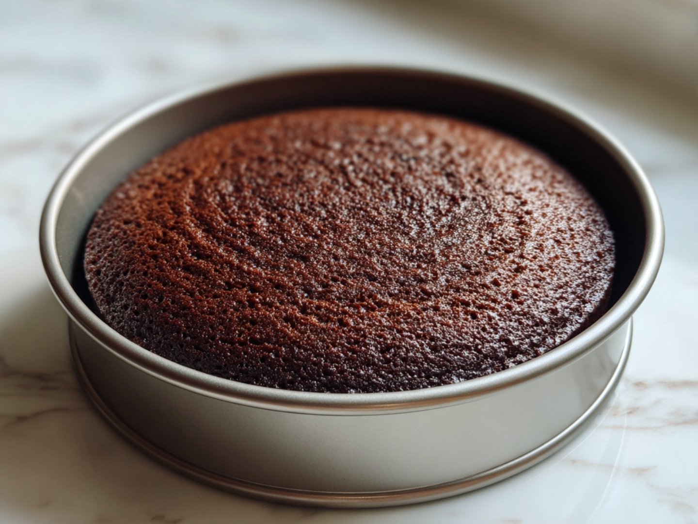 Gâteau au chocolat sans œuf doré et parfaitement cuit dans son moule à charnière.