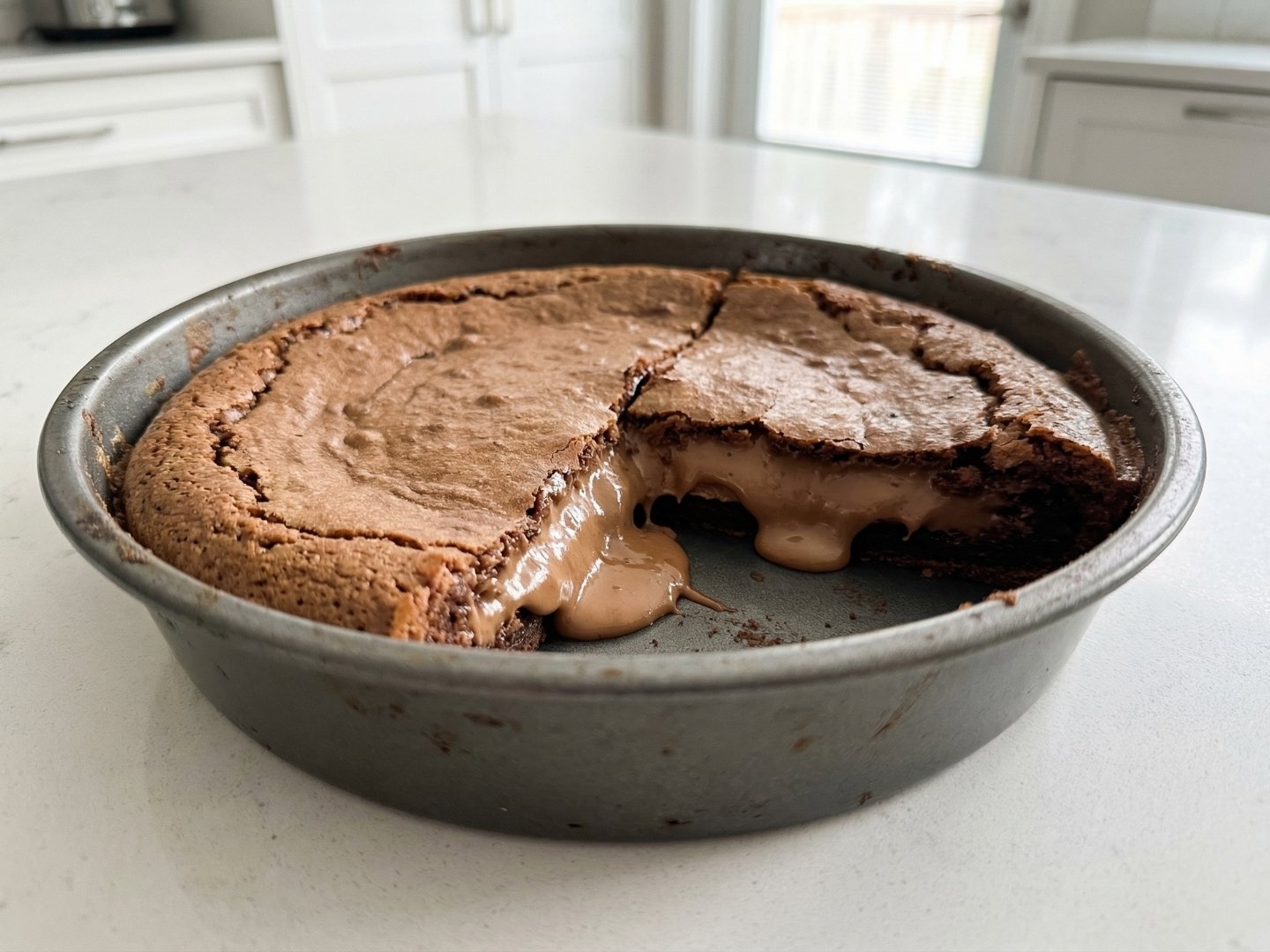 Fondant au chocolat au lait coupé montrant le cœur coulant et fondant.