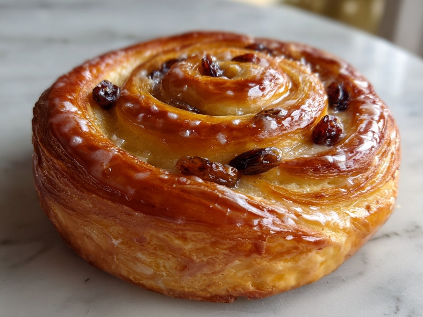 Pain au raisin cuit et doré avec un glaçage brillant au sirop, posé sur une table en marbre.