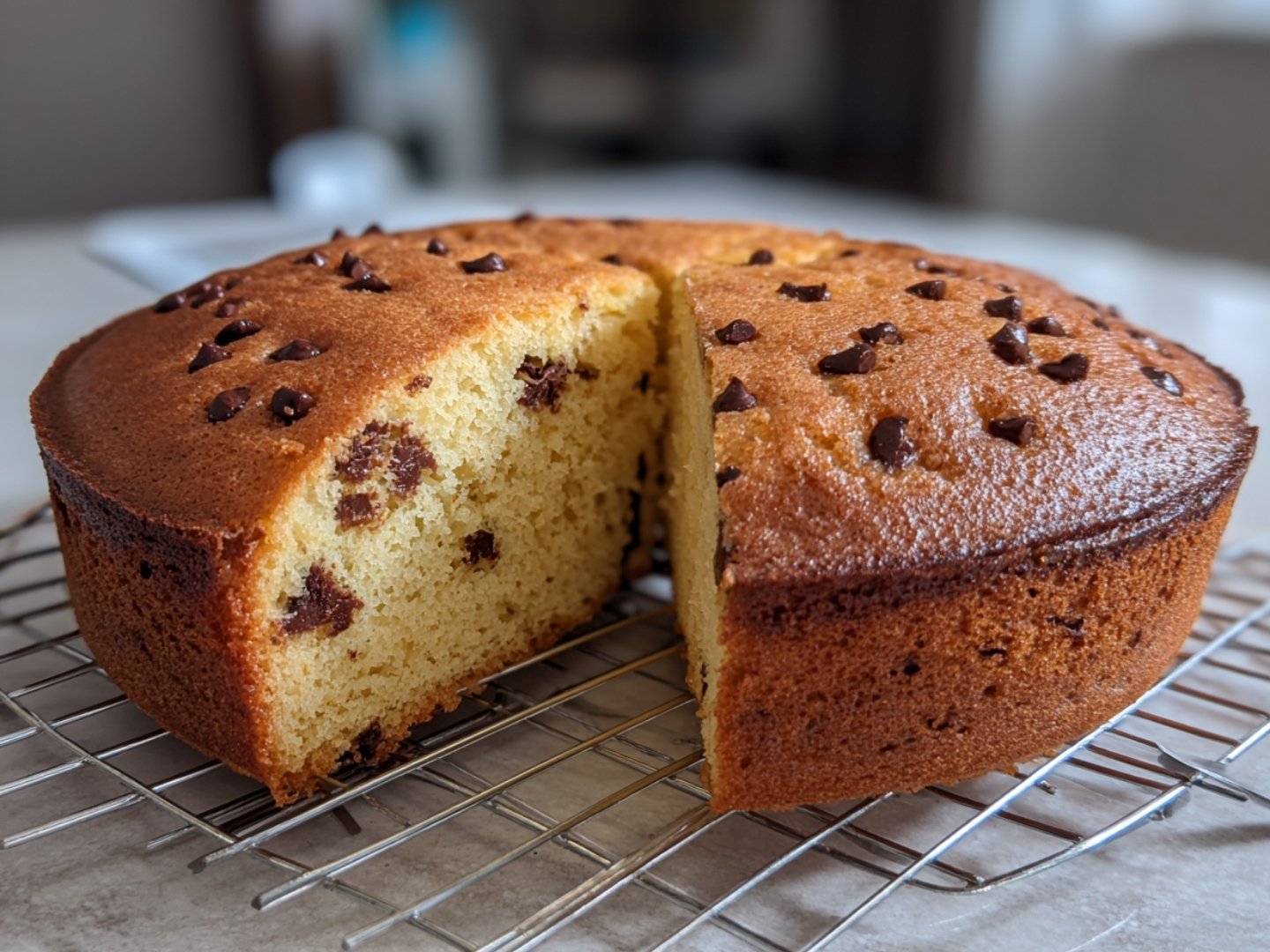 Gâteau skyr chocolat moelleux coupé en parts sur une grille de refroidissement