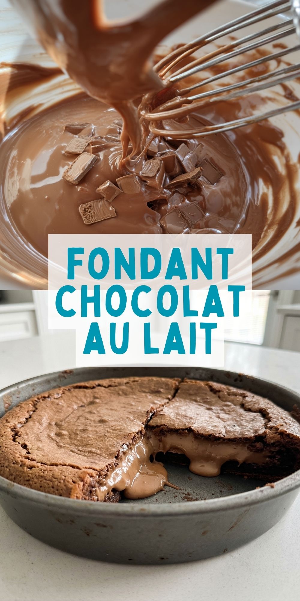 Montage photo recette fondant au chocolat au lait avec texte et résultat final.