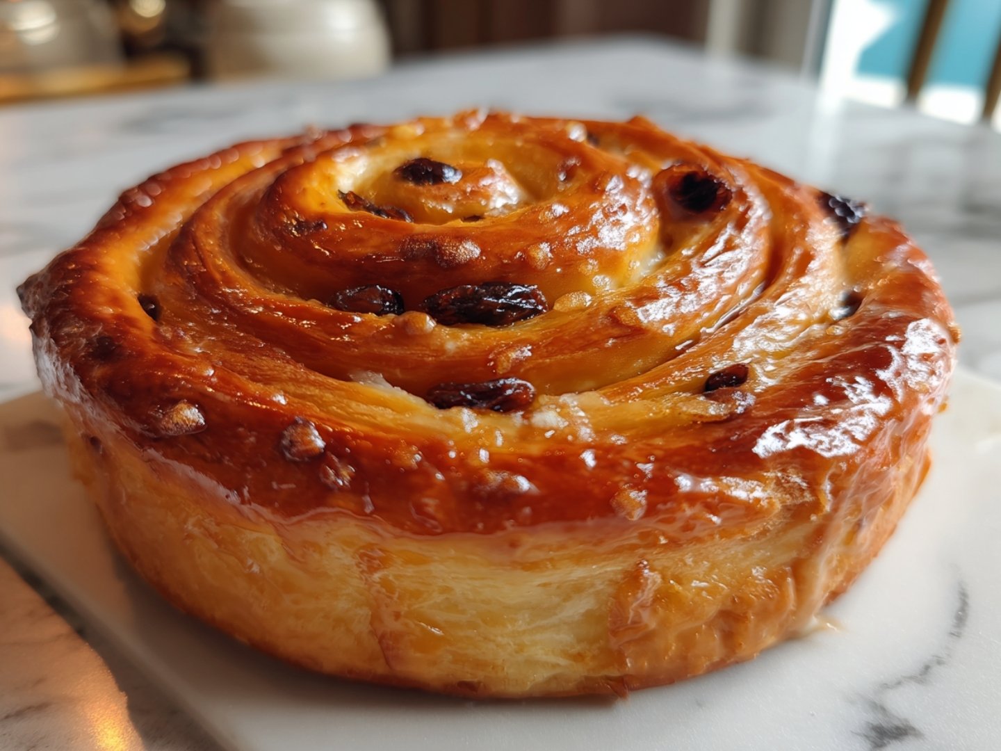 Vue de profil d'une viennoiserie escargot aux raisins brillante et gourmande, prête pour le petit-déjeuner.