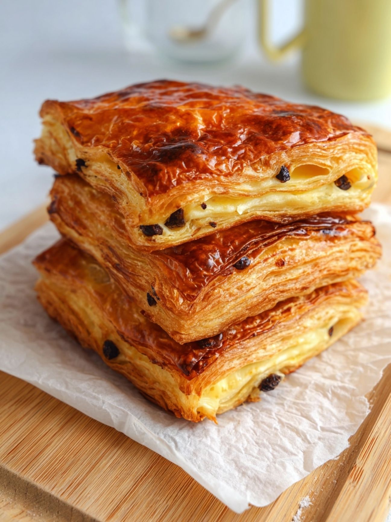Piles de pains suisses maison dorés et feuilletés sur une planche en bois.