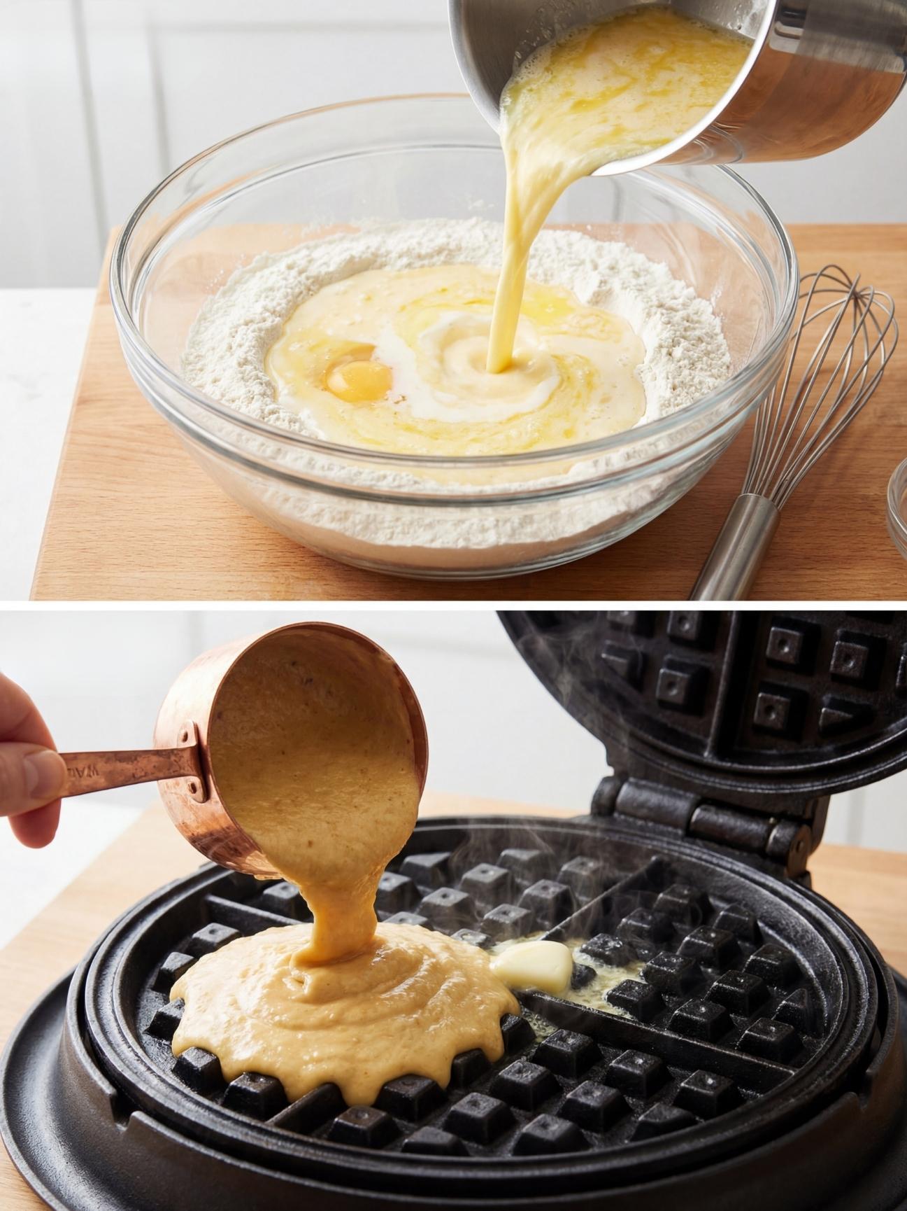 Incorporation du mélange liquide dans les ingrédients secs et cuisson de la pâte dans un gaufrier chaud.