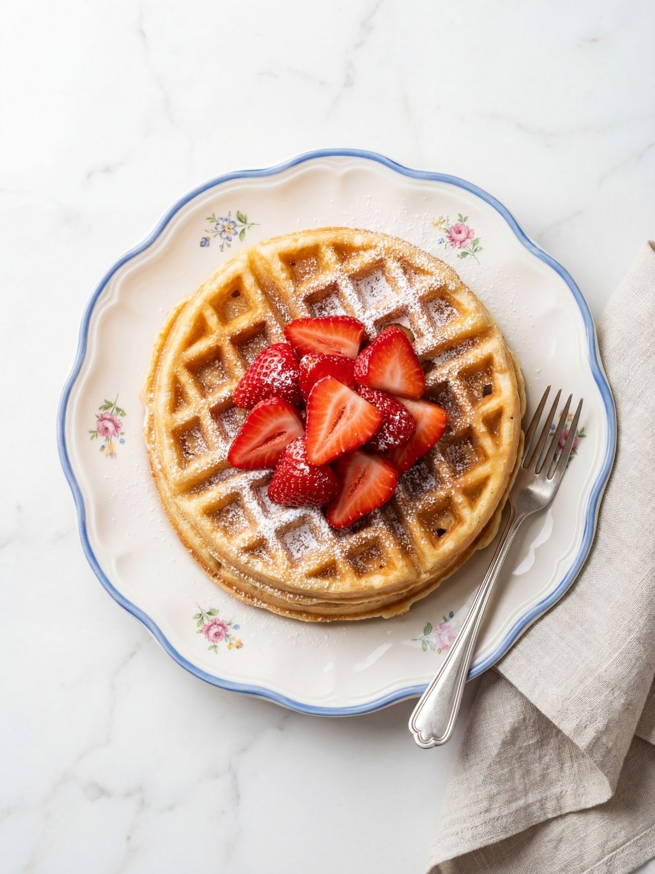 Vue de dessus d'une pile de gaufres croustillantes saupoudrées de sucre glace et garnies de fraises fraîches.
