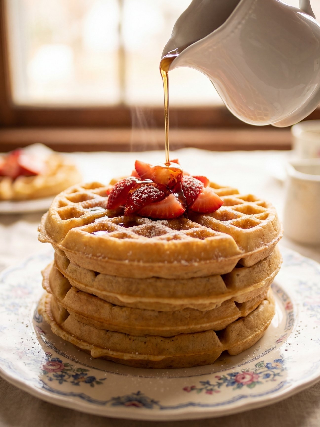 Filet de sirop d'érable versé sur une pile de gaufres dorées aux fraises, texture croustillante et gourmande.