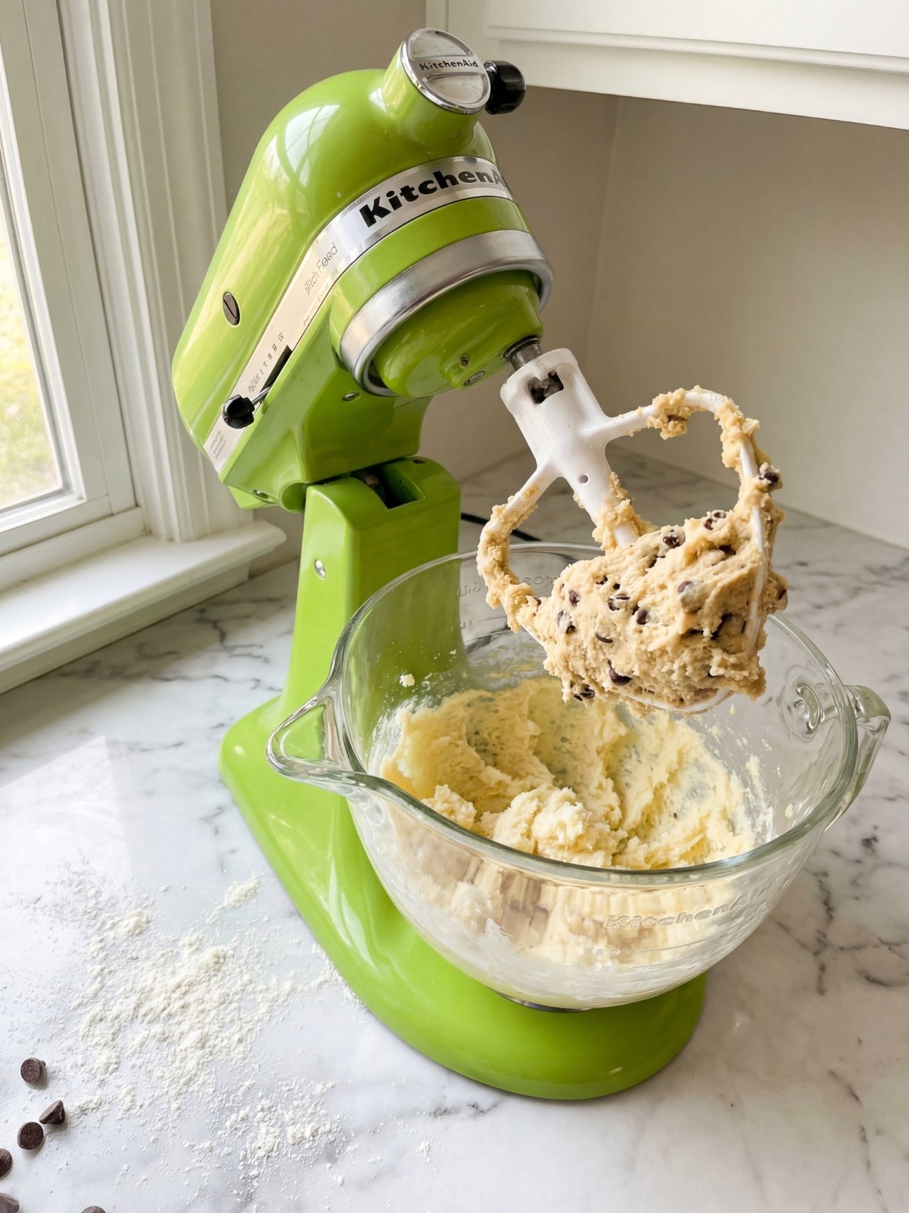Préparation de la pâte à cookies dans le bol en verre d'un robot pâtissier KitchenAid vert pomme sur un plan de travail en marbre.