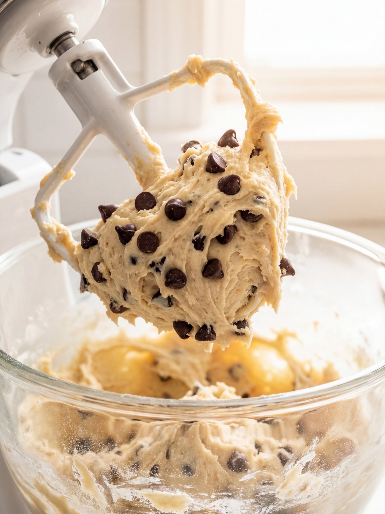 Pâte à cookies onctueuse avec pépites de chocolat sur le batteur plat d'un robot de cuisine blanc.