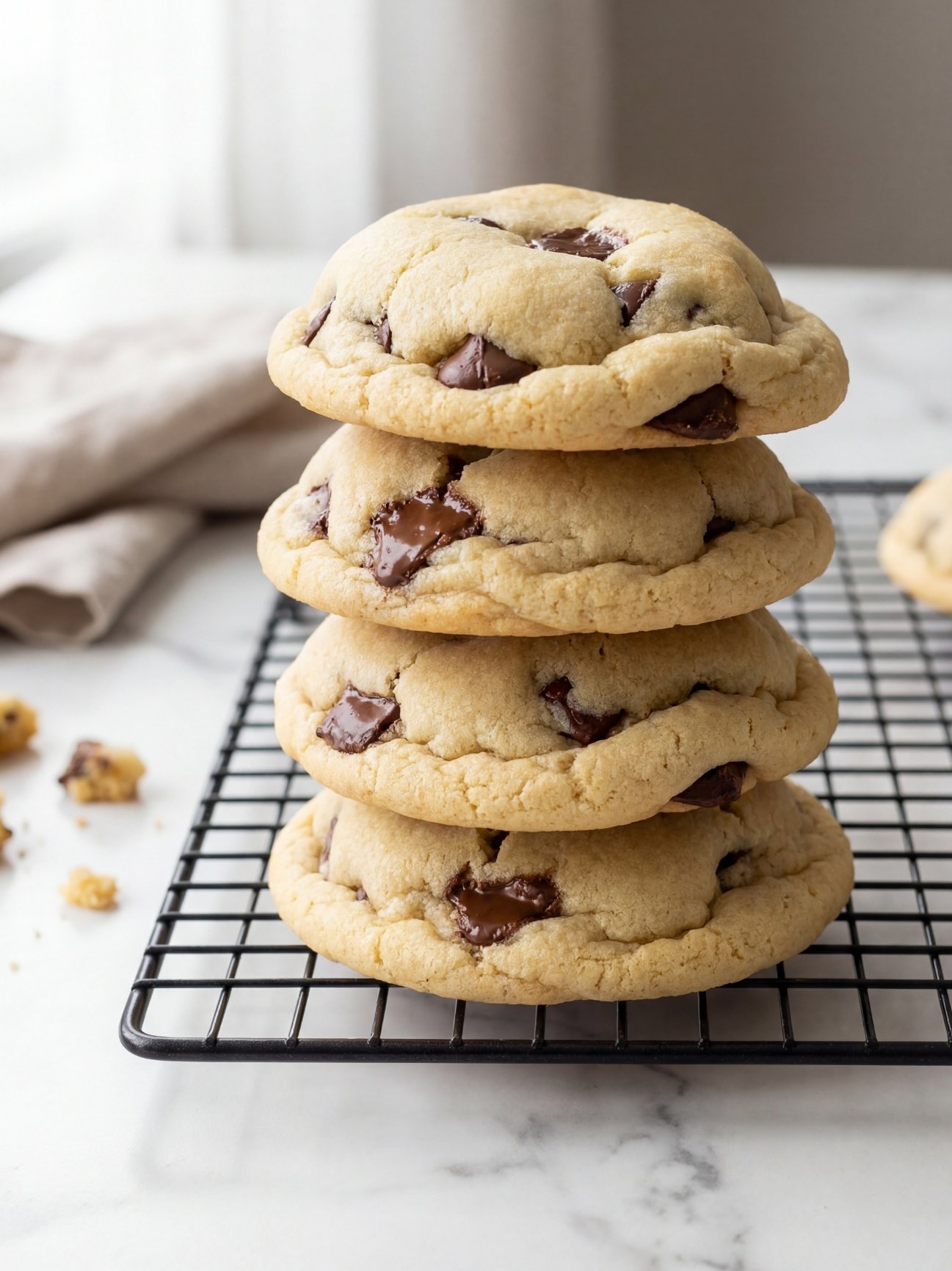 Zoom sur une tour de cookies aux pépites de chocolat illustrant une texture tendre à cœur et dorée à l'extérieur.