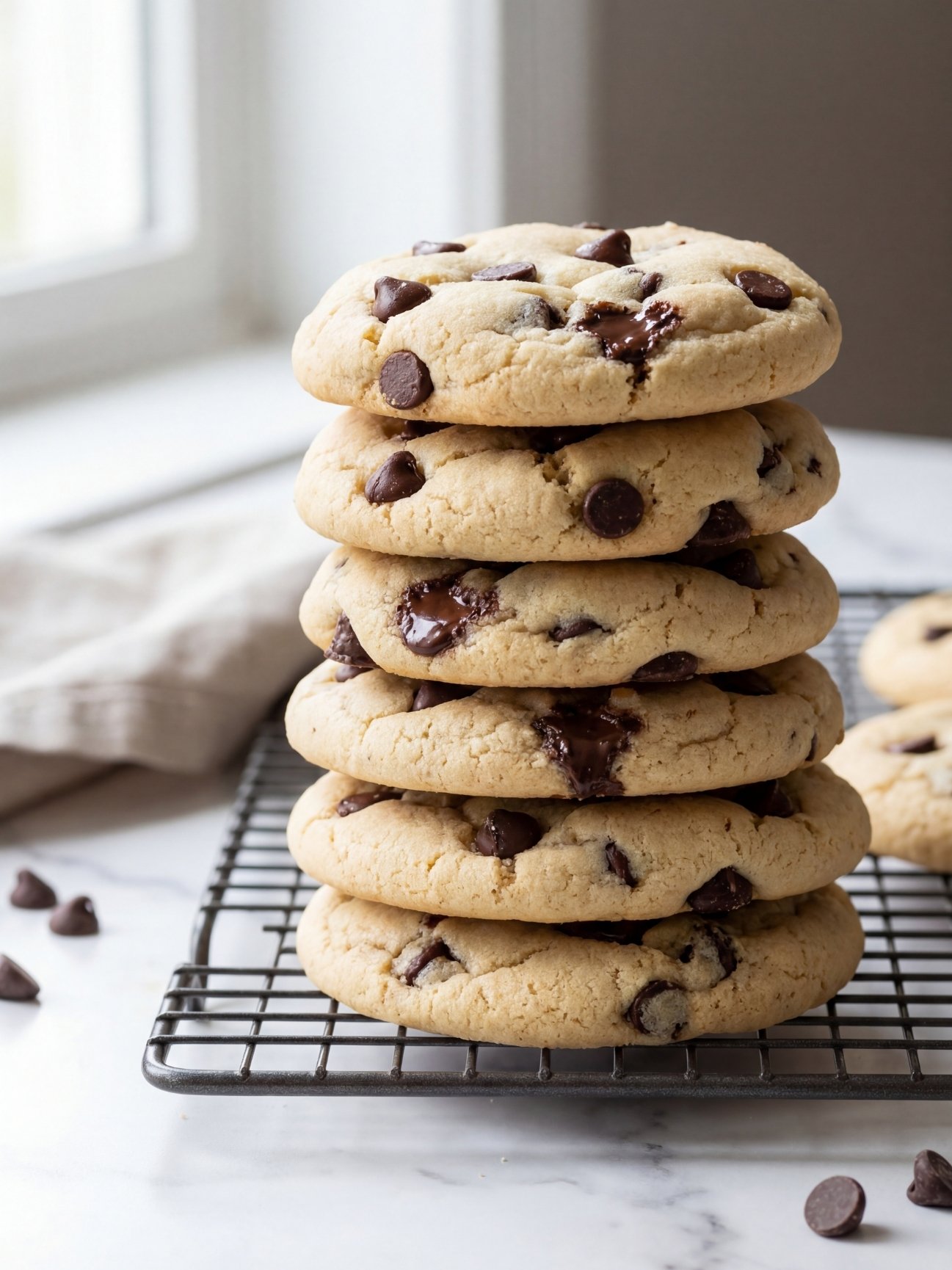 Gros cookies gourmands et gonflés avec de généreuses pépites de chocolat noir empilés sur une grille métallique.