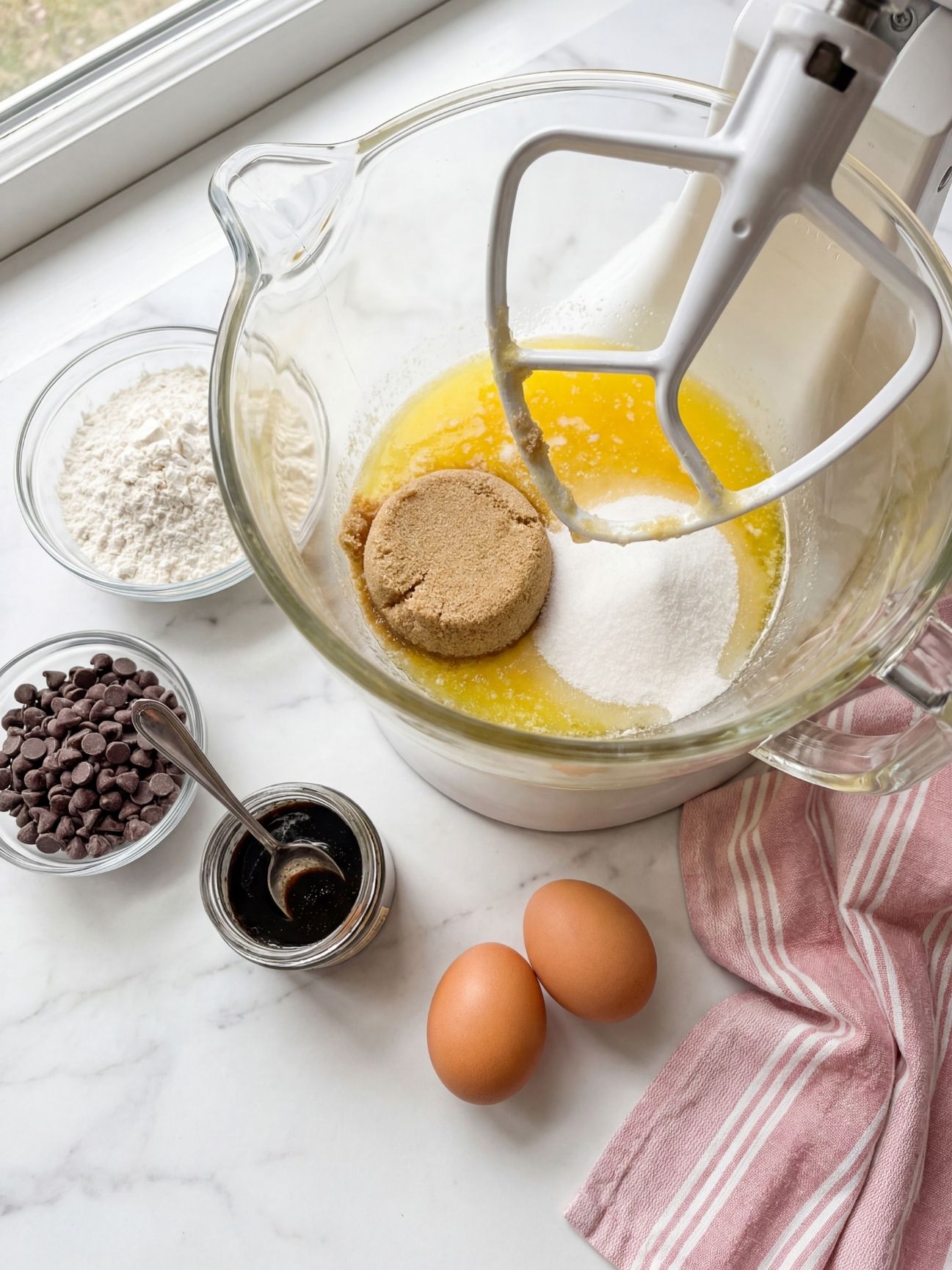 Ingrédients pour cookies maison dans un robot pâtissier avec beurre fondu, sucre roux, sucre blanc, œufs et pépites de chocolat.