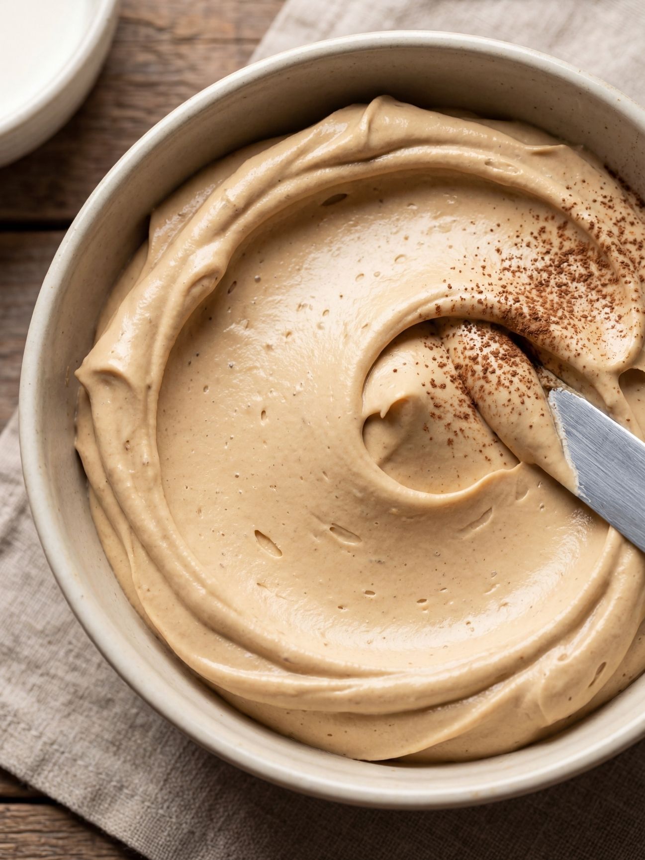 finition-crème-café-pâtissière-saupoudrée-poudre-café-bol-inox