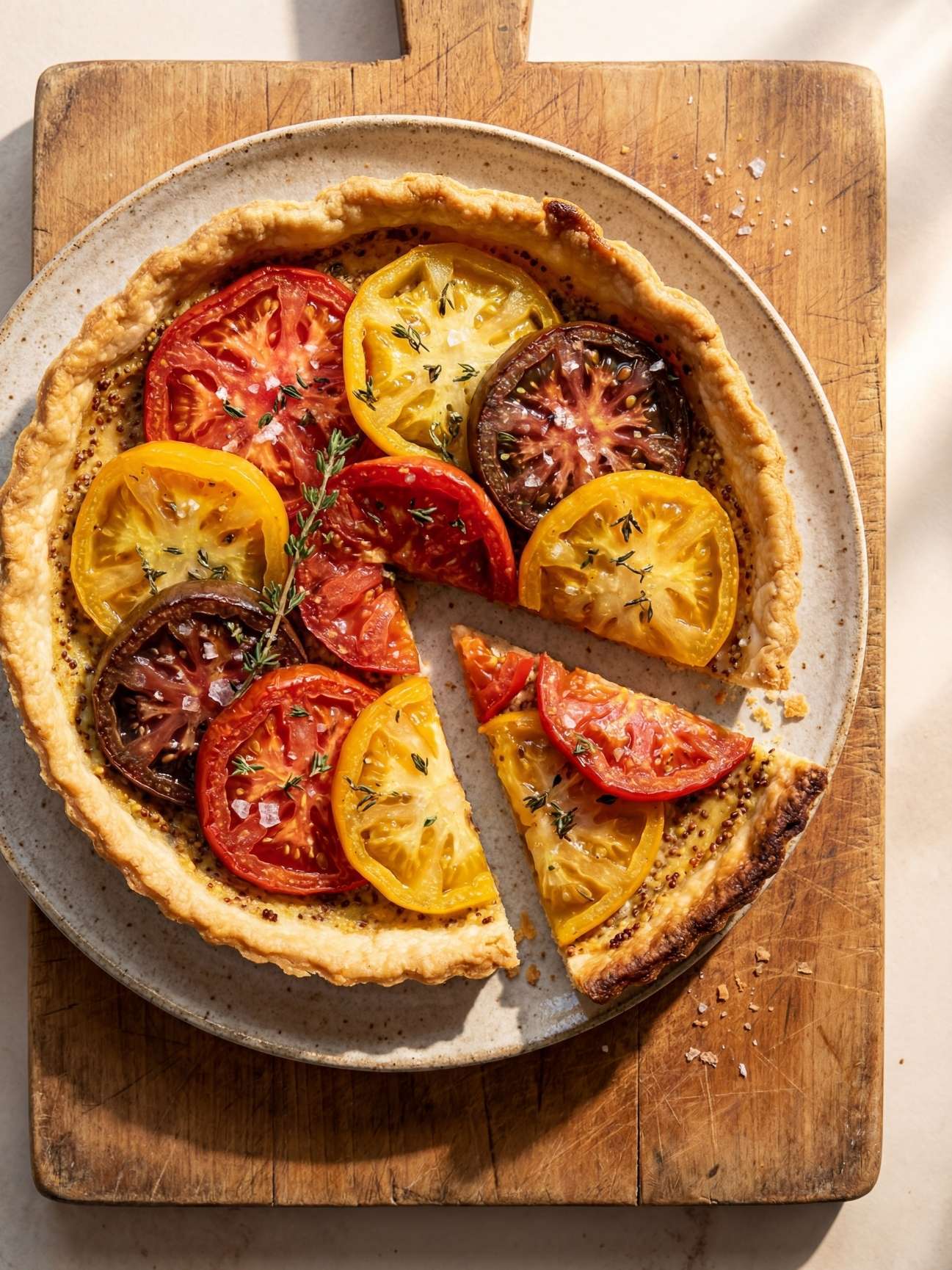 Tarte aux tomates colorées sans pâte détrempée présentée sur une planche en bois