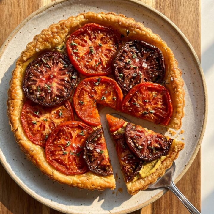 Tarte à la tomate croustillante sans eau découpée en parts sur une assiette