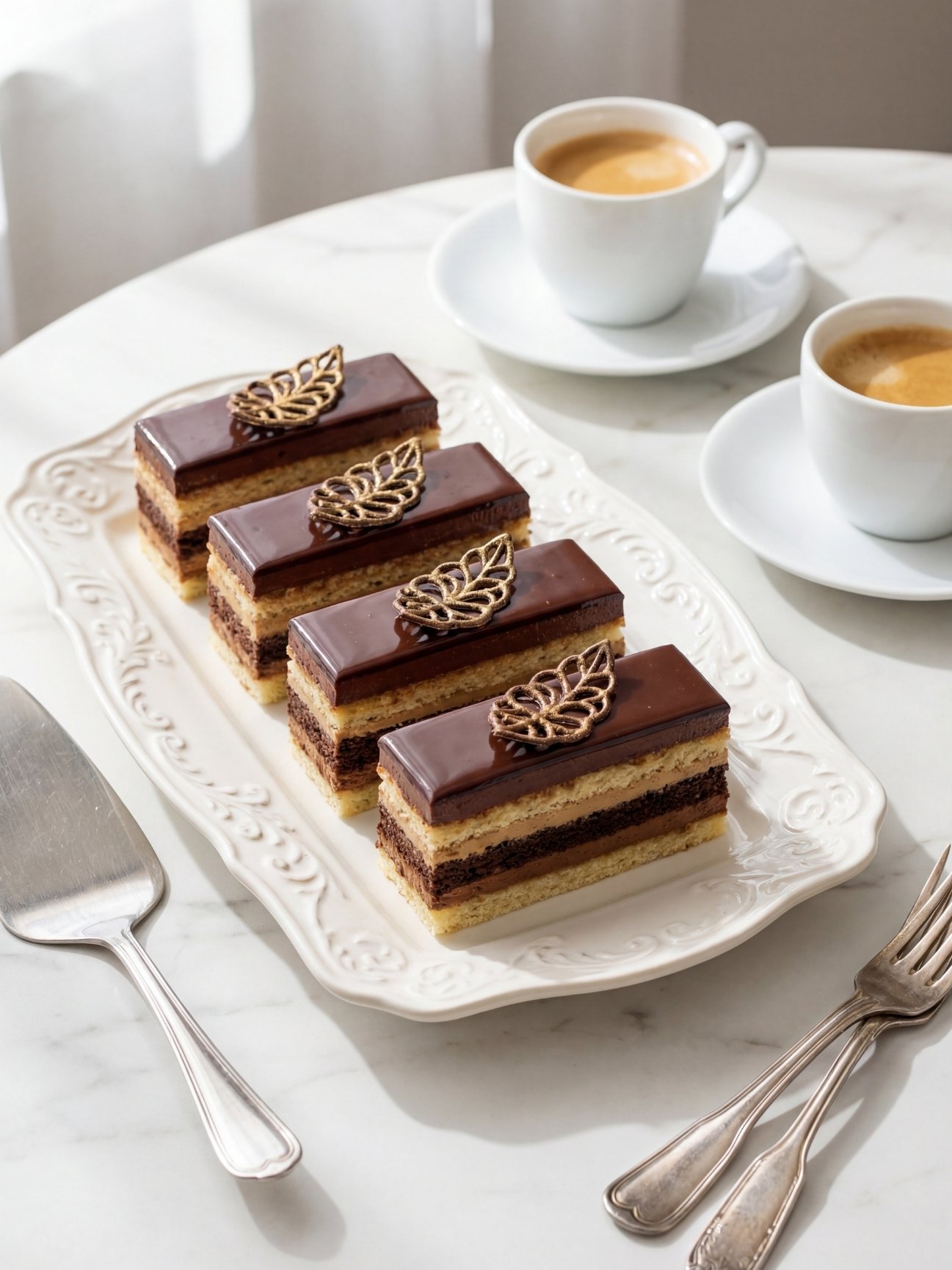 tranches-gateau-opera-assiette-service-tasses-cafe-expresso-ambiance-gourmande