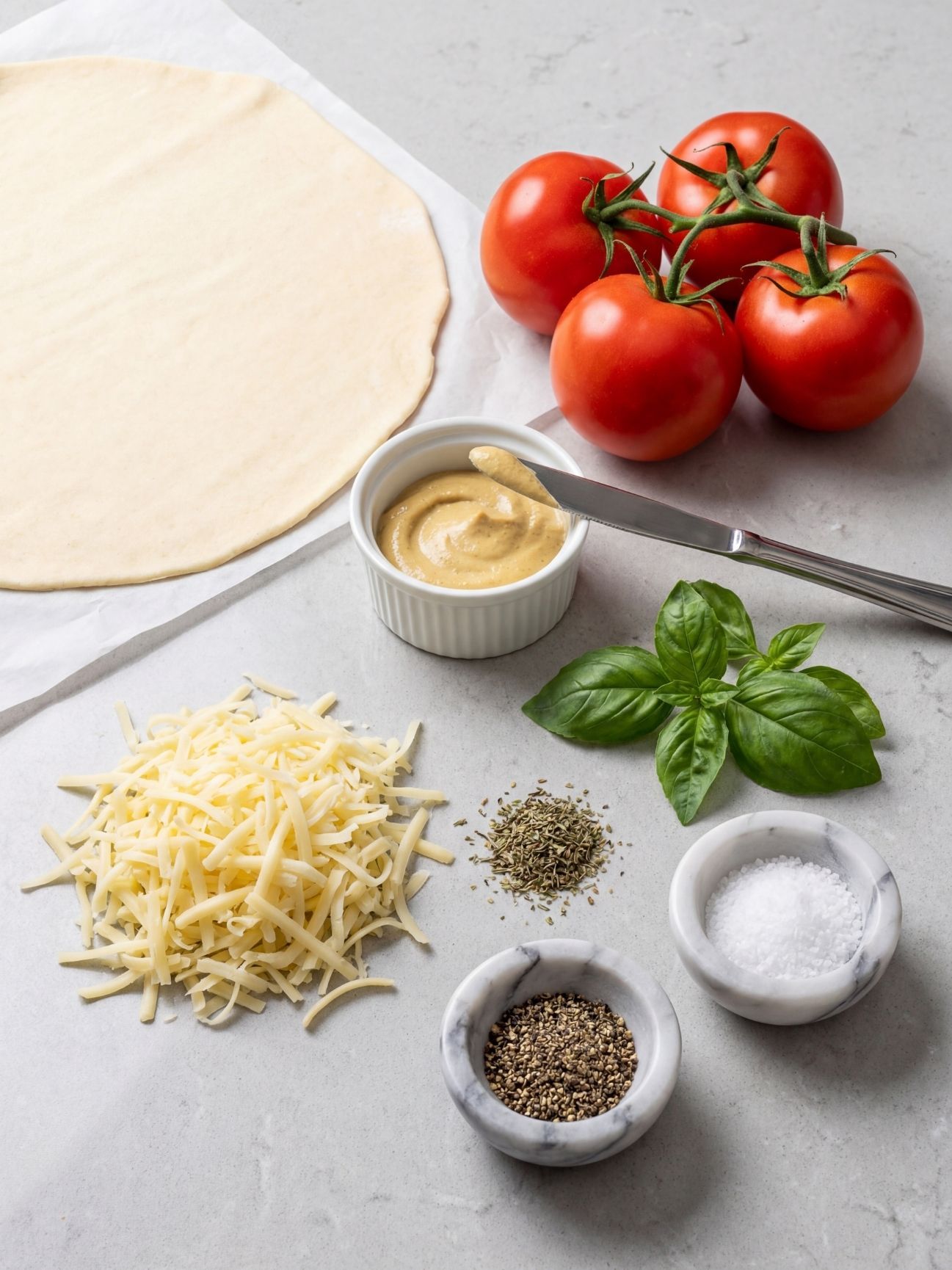 Ingrédients pour recette tarte à la tomate : tomates, pâte, moutarde, fromag