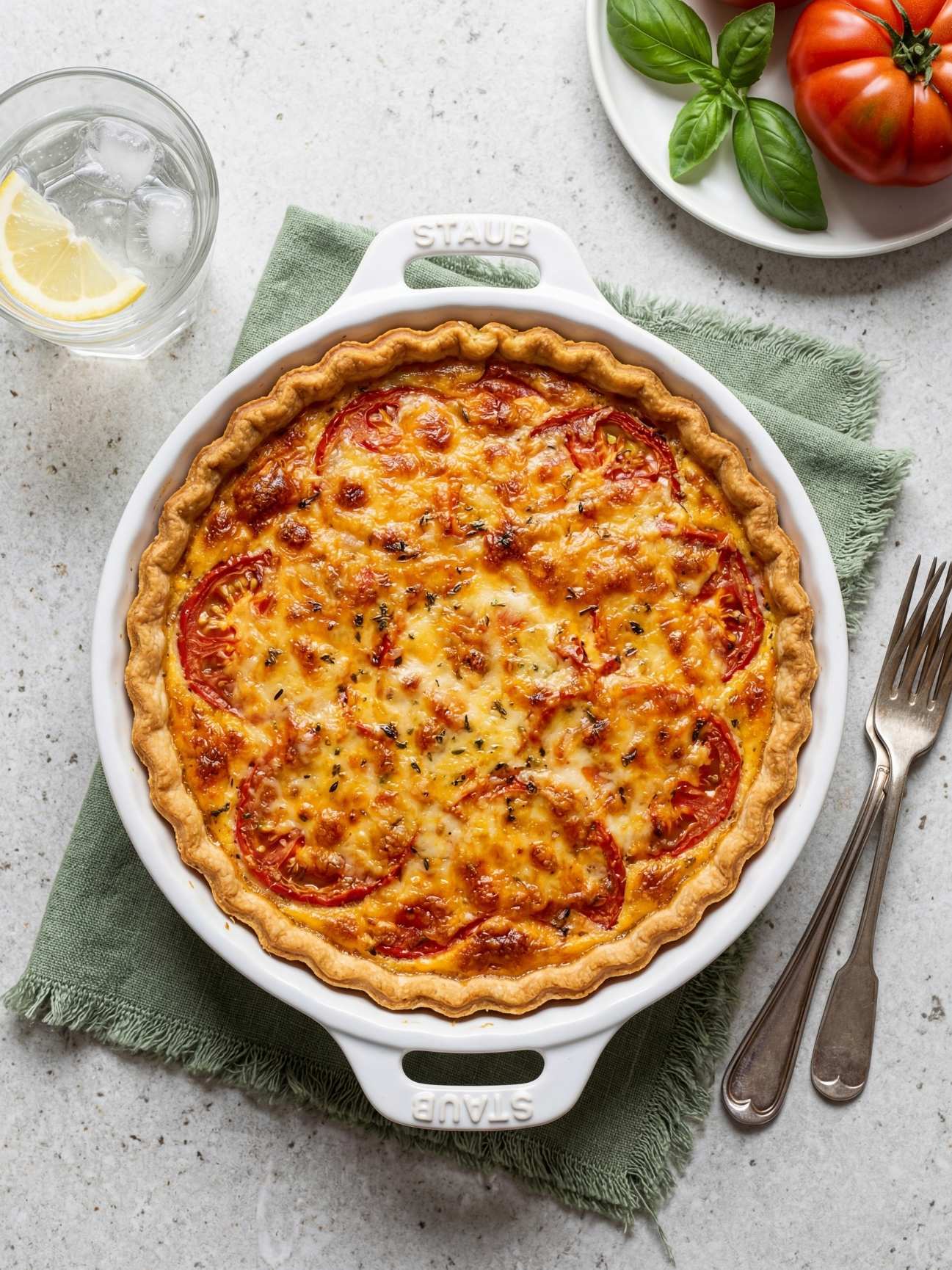 Tarte à la tomate classique, facile et gourmande dans son plat de cuisson